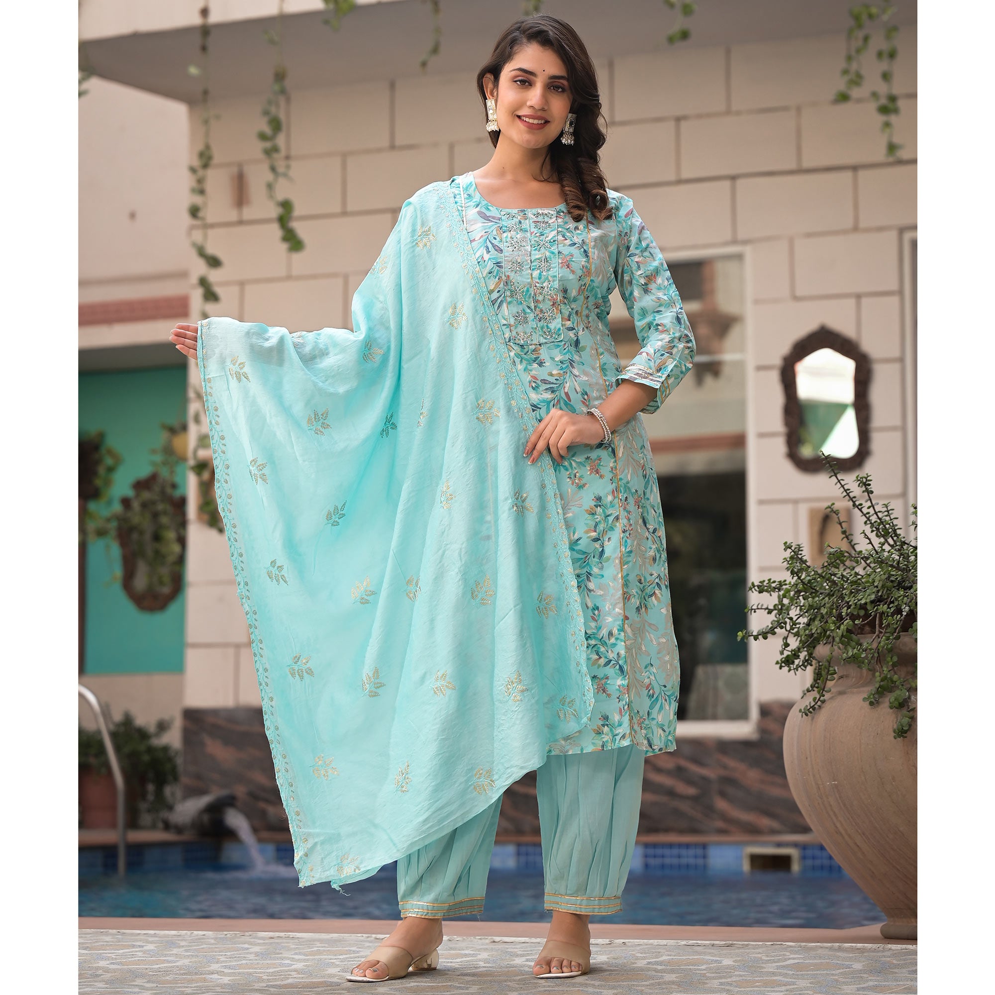 Turquoise Floral Foil Printed Pure Cotton A-Line Salwar Suit