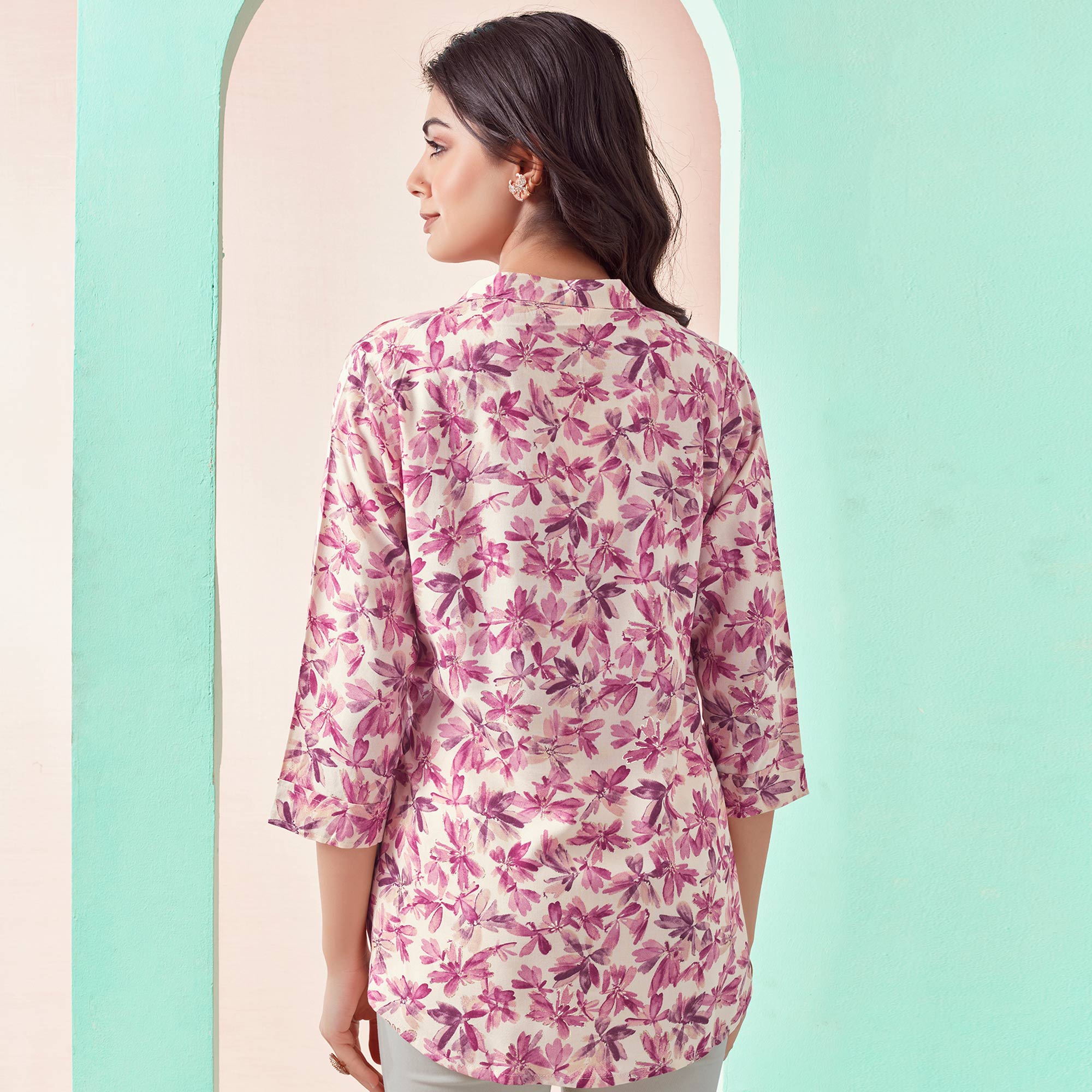 Cream & Pink Floral Foil Printed Rayon Straight Top