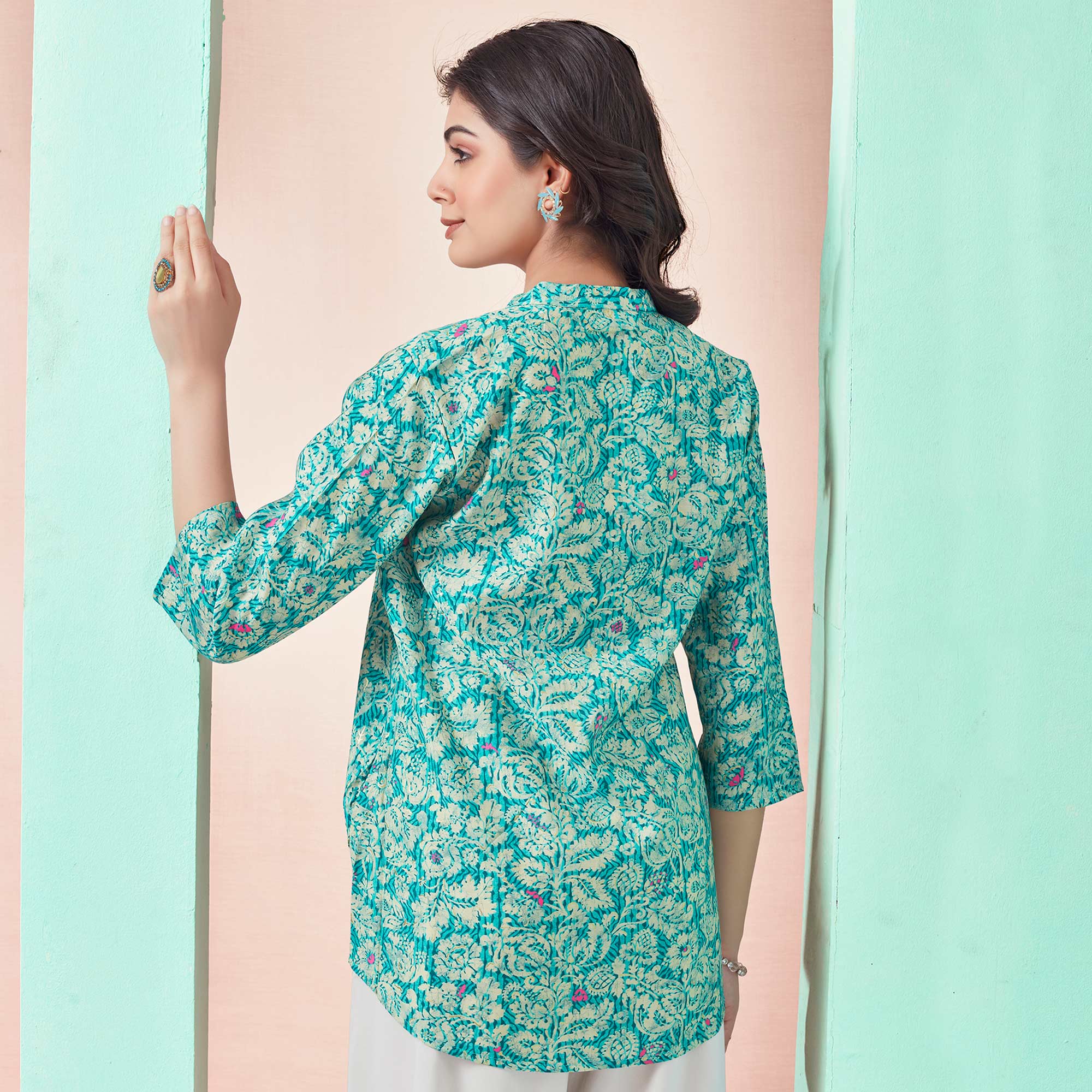 Turquoise Floral Chanderi Silk Straight Top