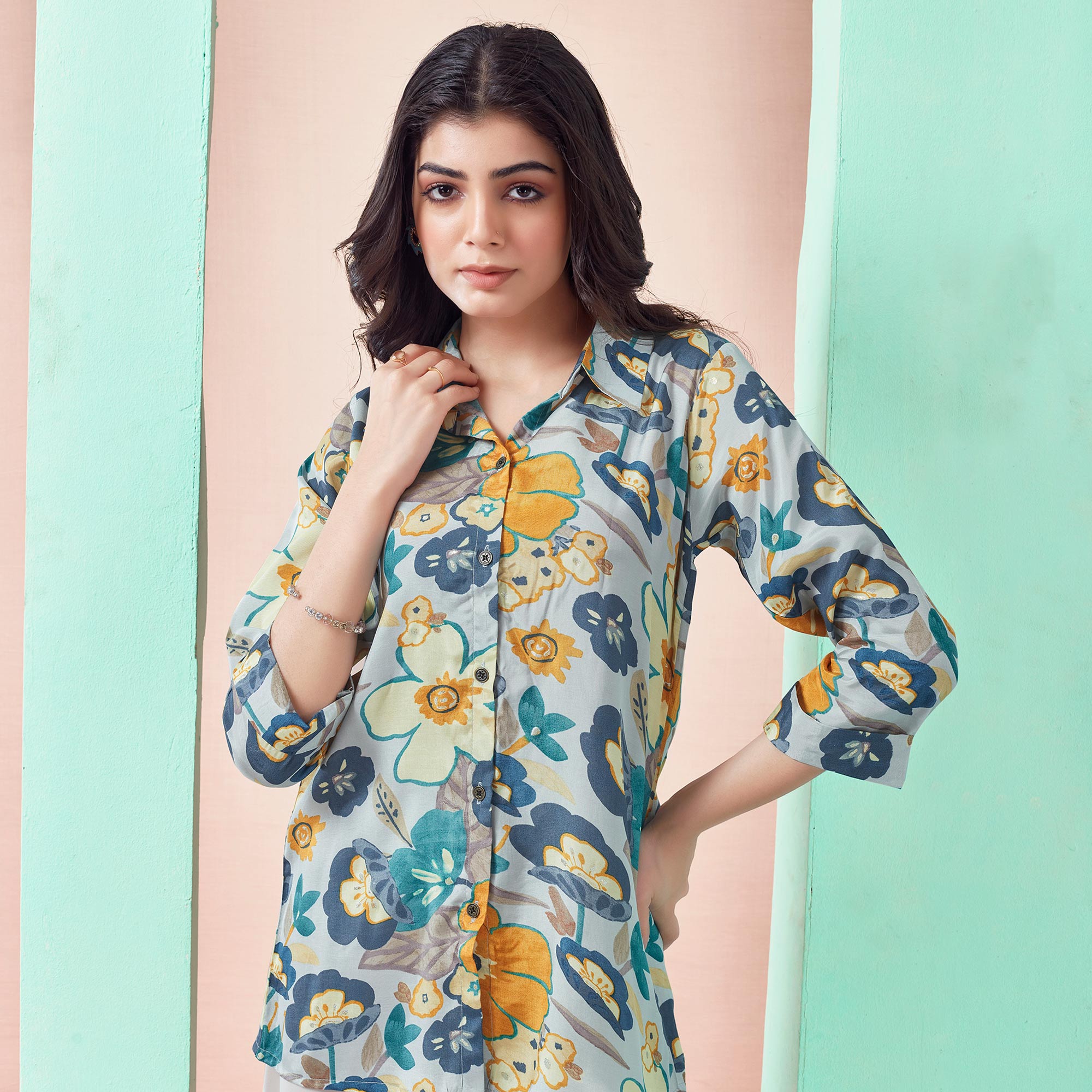 Light Grey Floral Printed Muslin Top