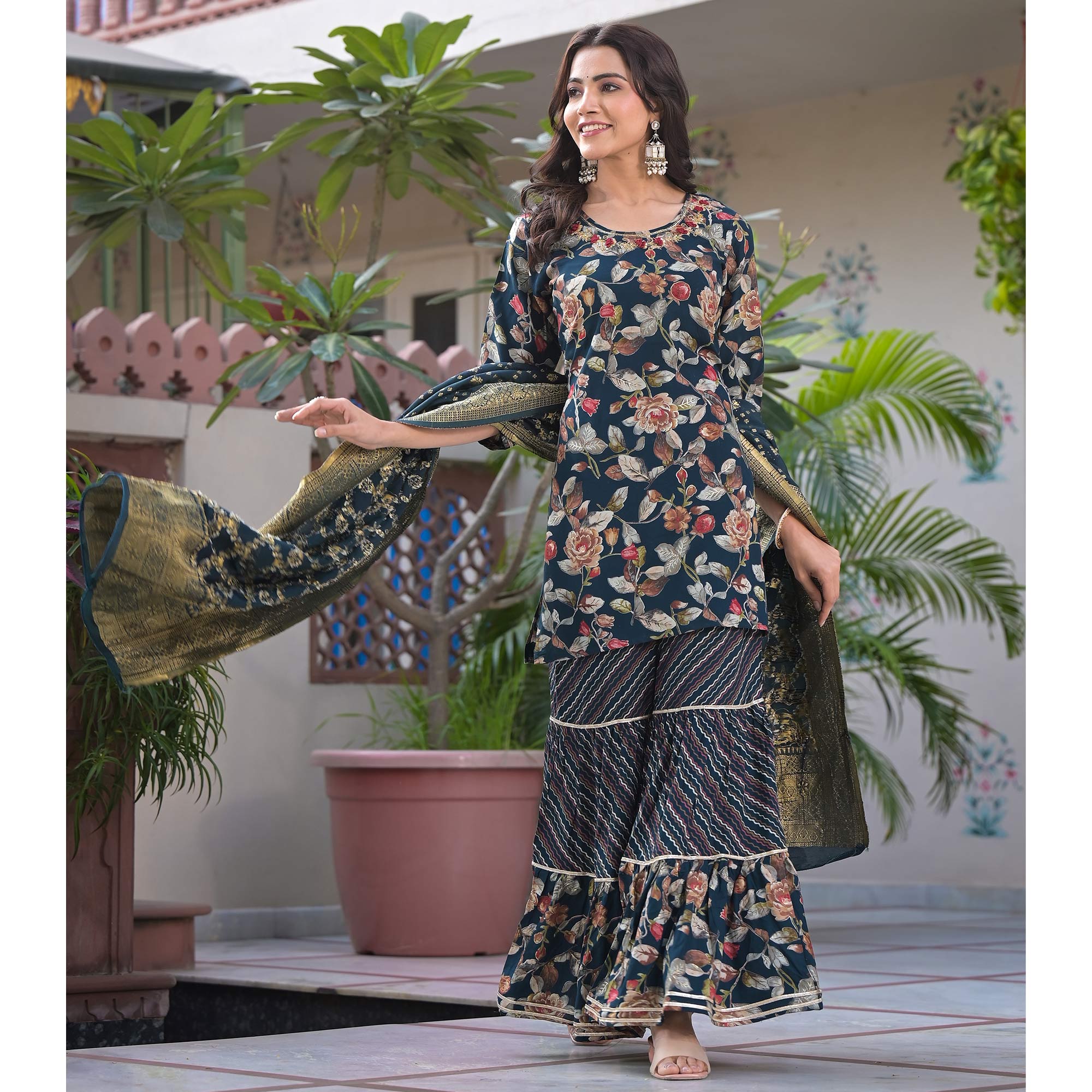 Green Floral Foil Printed Rayon Sharara Suit With Handcrafted