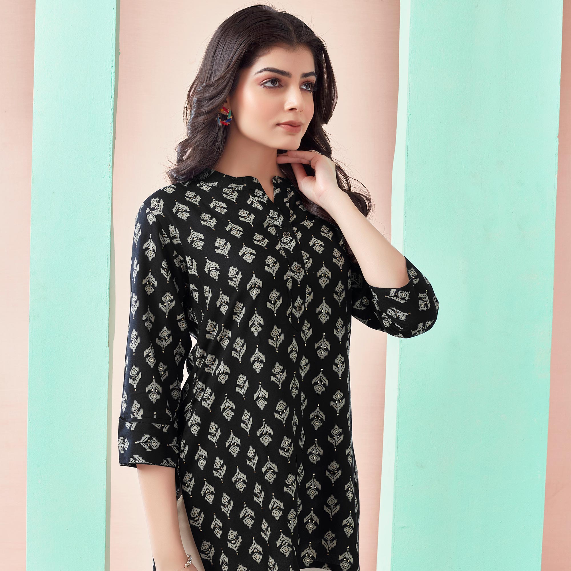 Black Floral Printed Rayon Straight Top
