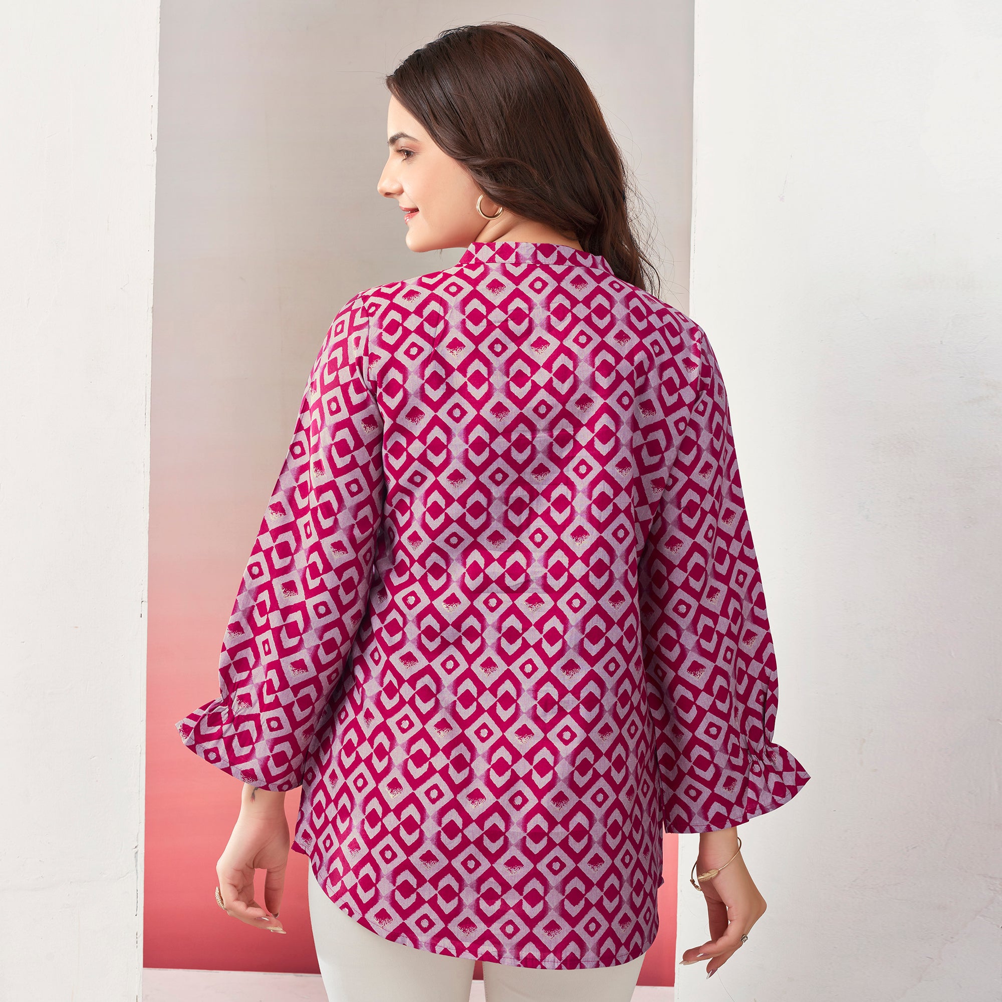 Pink Blue Printed Chanderi Silk Straight Top