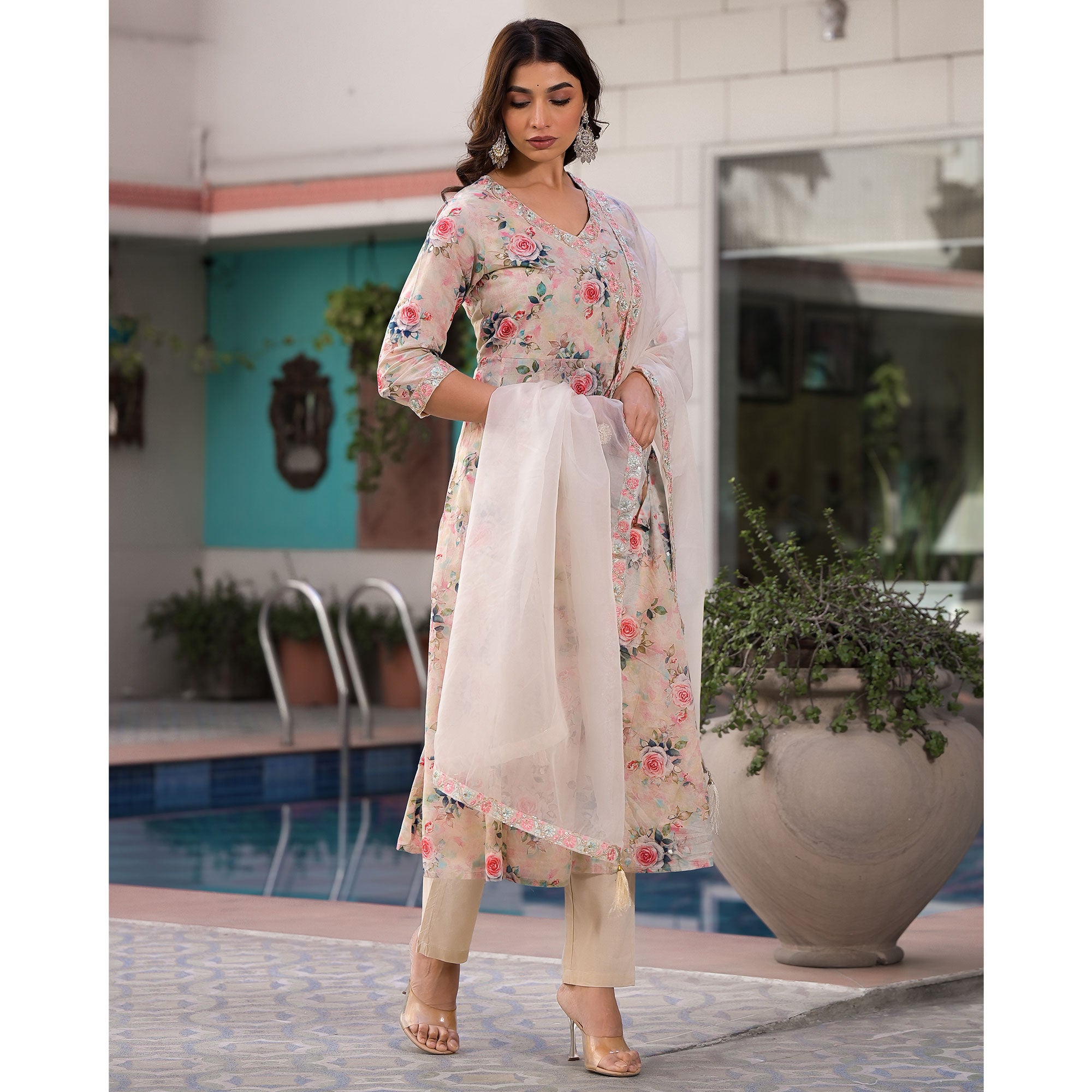 Cream Floral Printed Mulmul Cotton Anarkali Salwar Suit