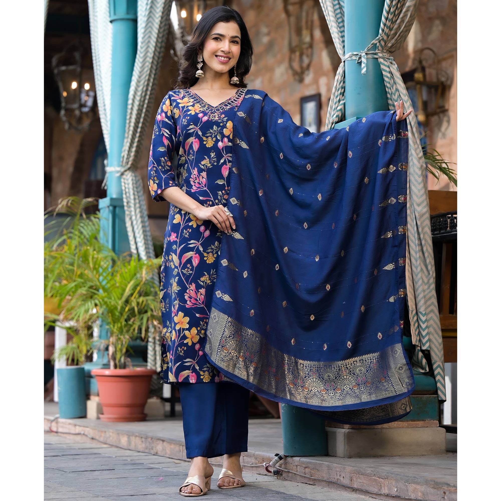 Navy Blue Floral Printed Chanderi Silk Salwar Suit With Mirror Work
