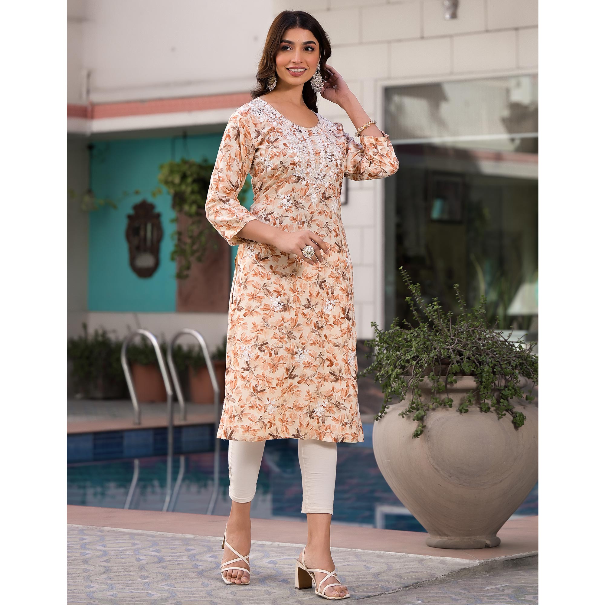 Beige Chikankari Embroidery Rayon Straight Kurti