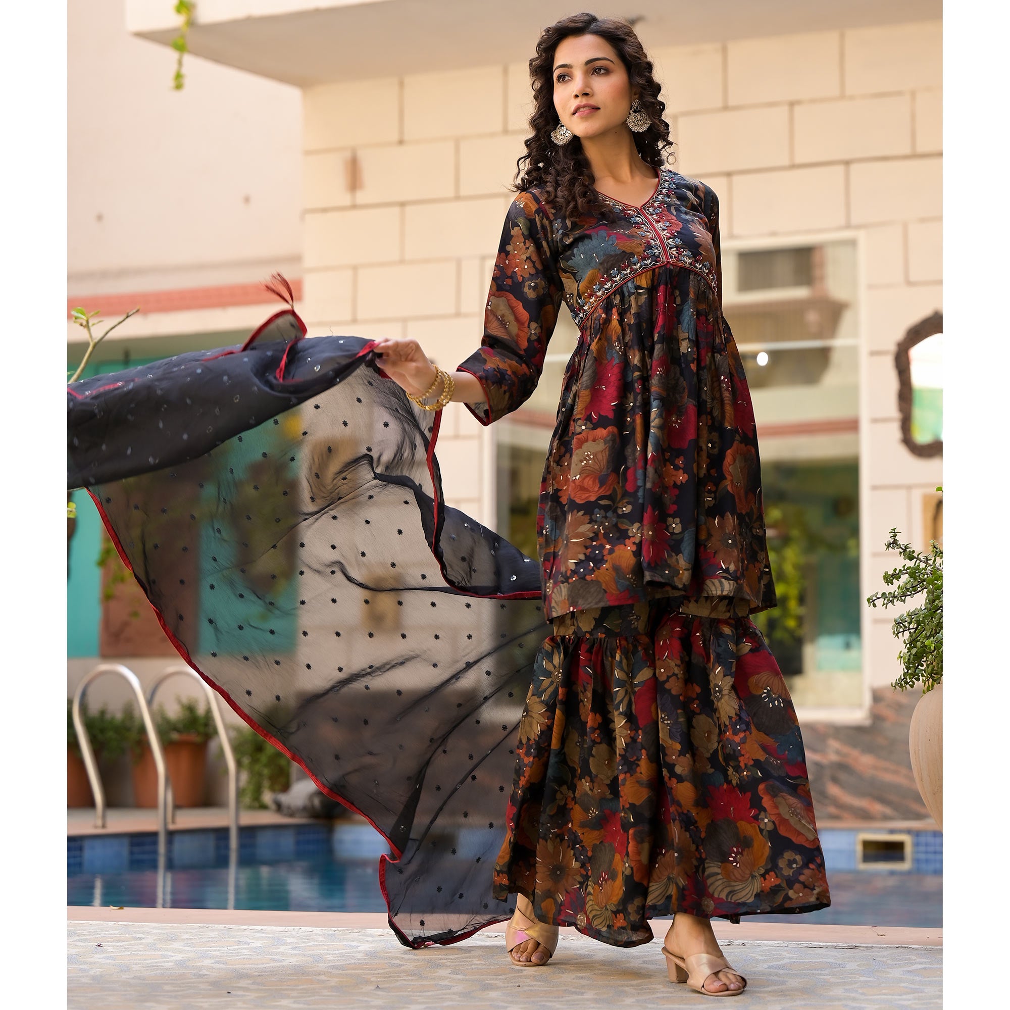 Black Floral Foil Printed Chanderi Silk Sharara Suit