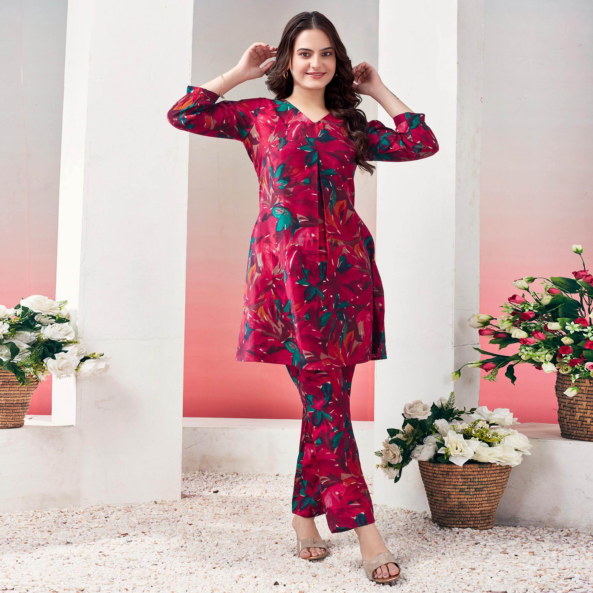 Pink Floral Printed Chanderi Silk Co Ord Set