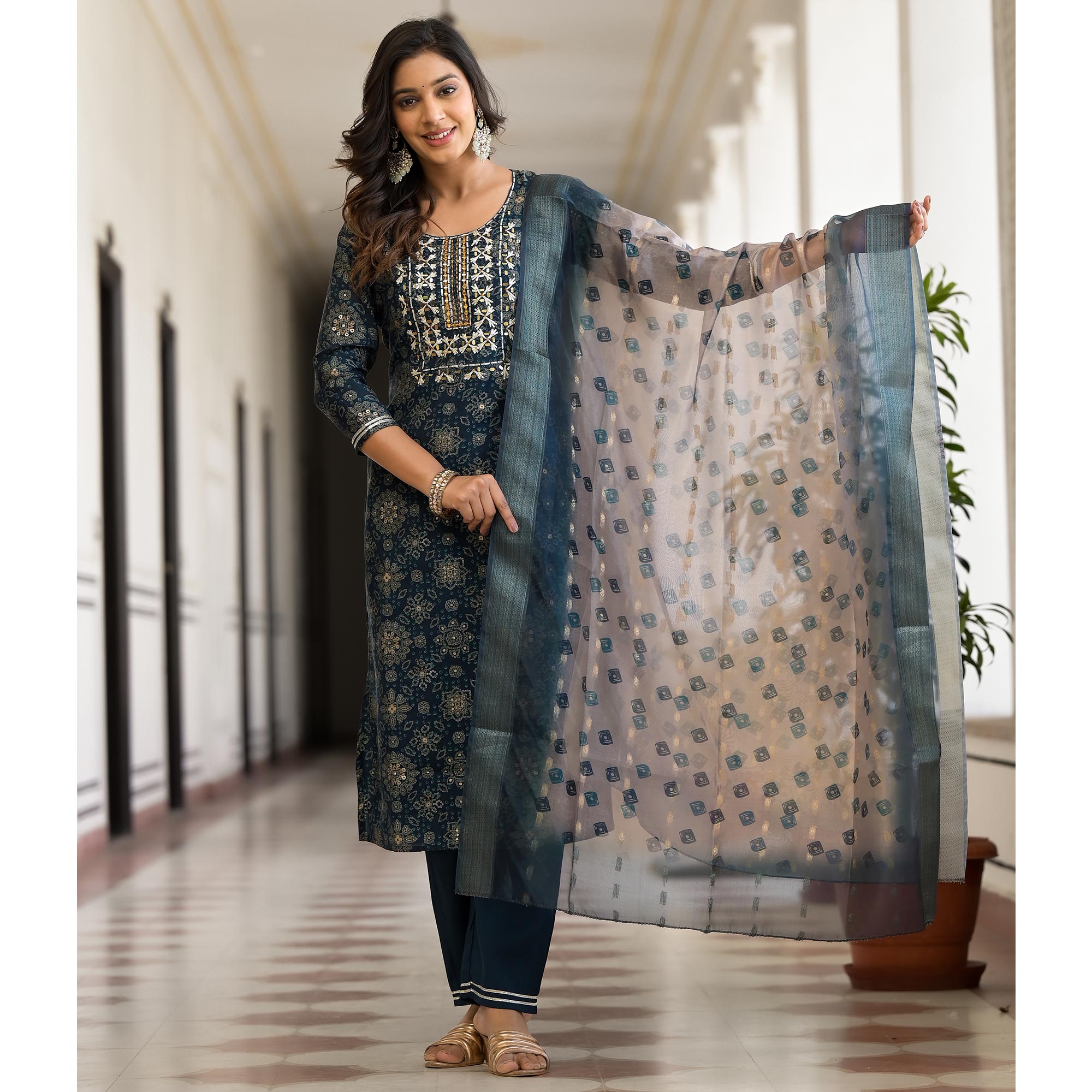 Navy Blue Bandhani Printed Chanderi Silk Straight Salwar Suit