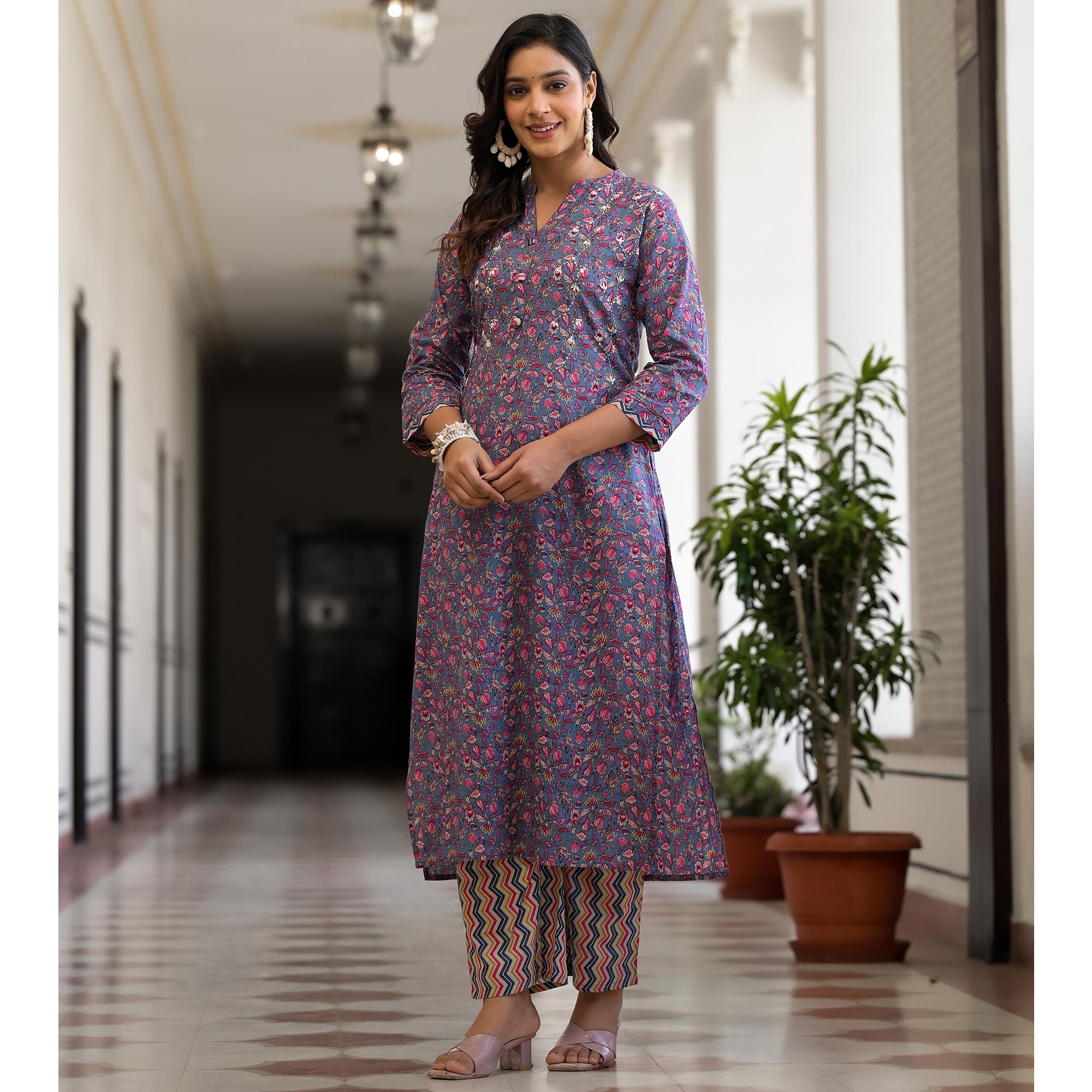 Blue Floral Printed Pure Cotton Straight Salwar Suit