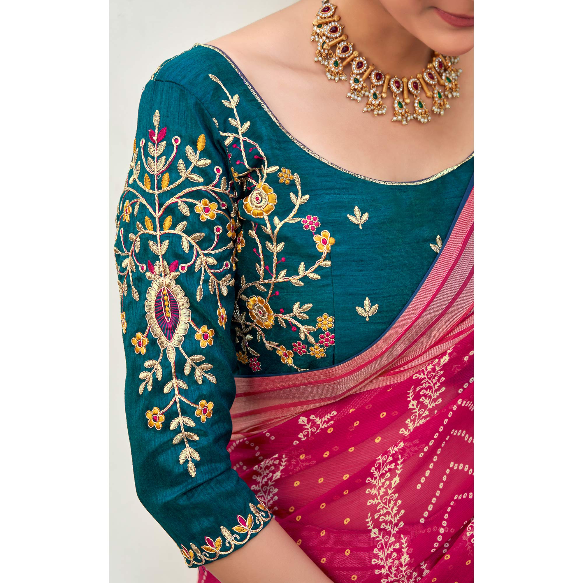 Pink Bandhani Printed Chiffon Saree With Tassels