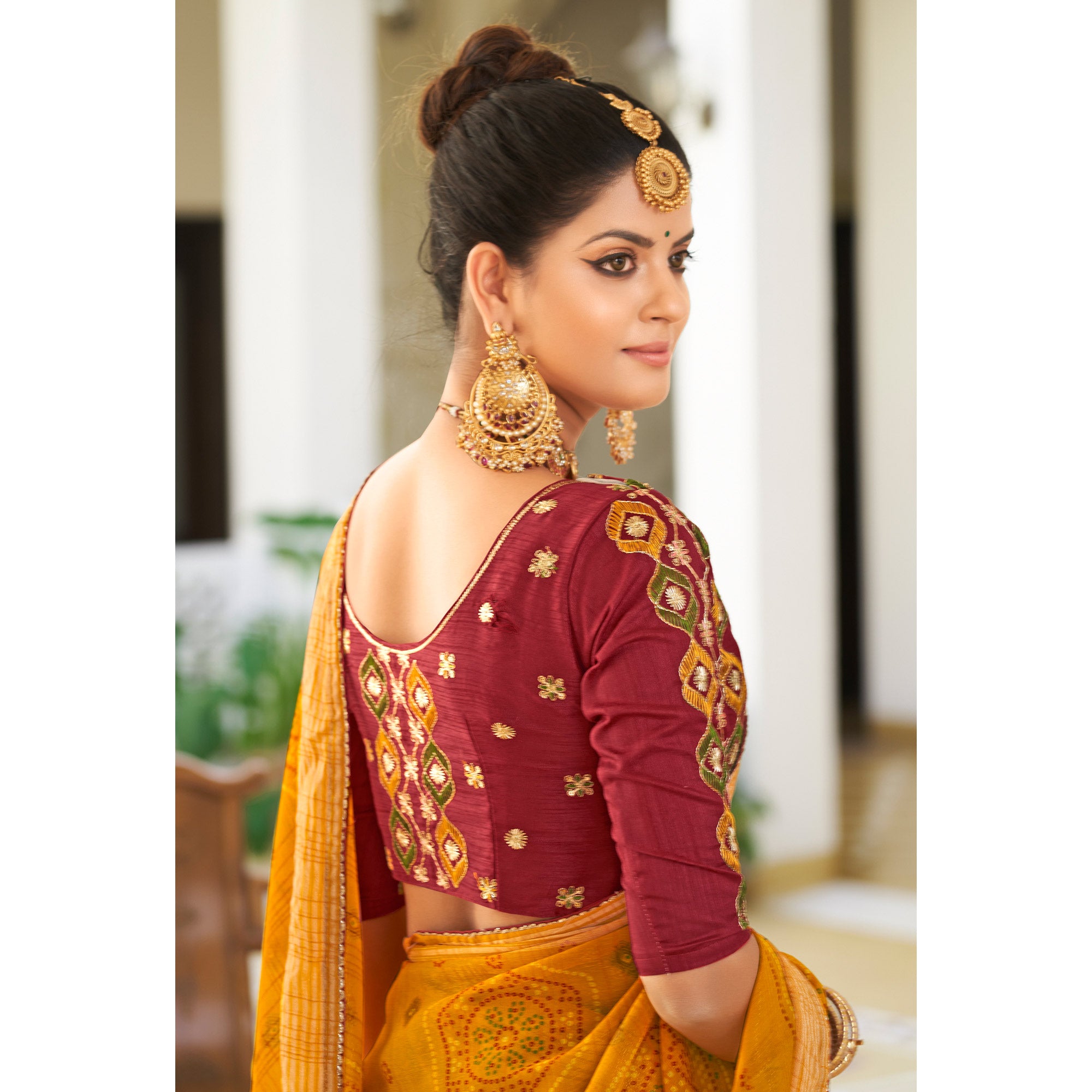 Mustard Bandhani Printed Chiffon Saree With Tassels