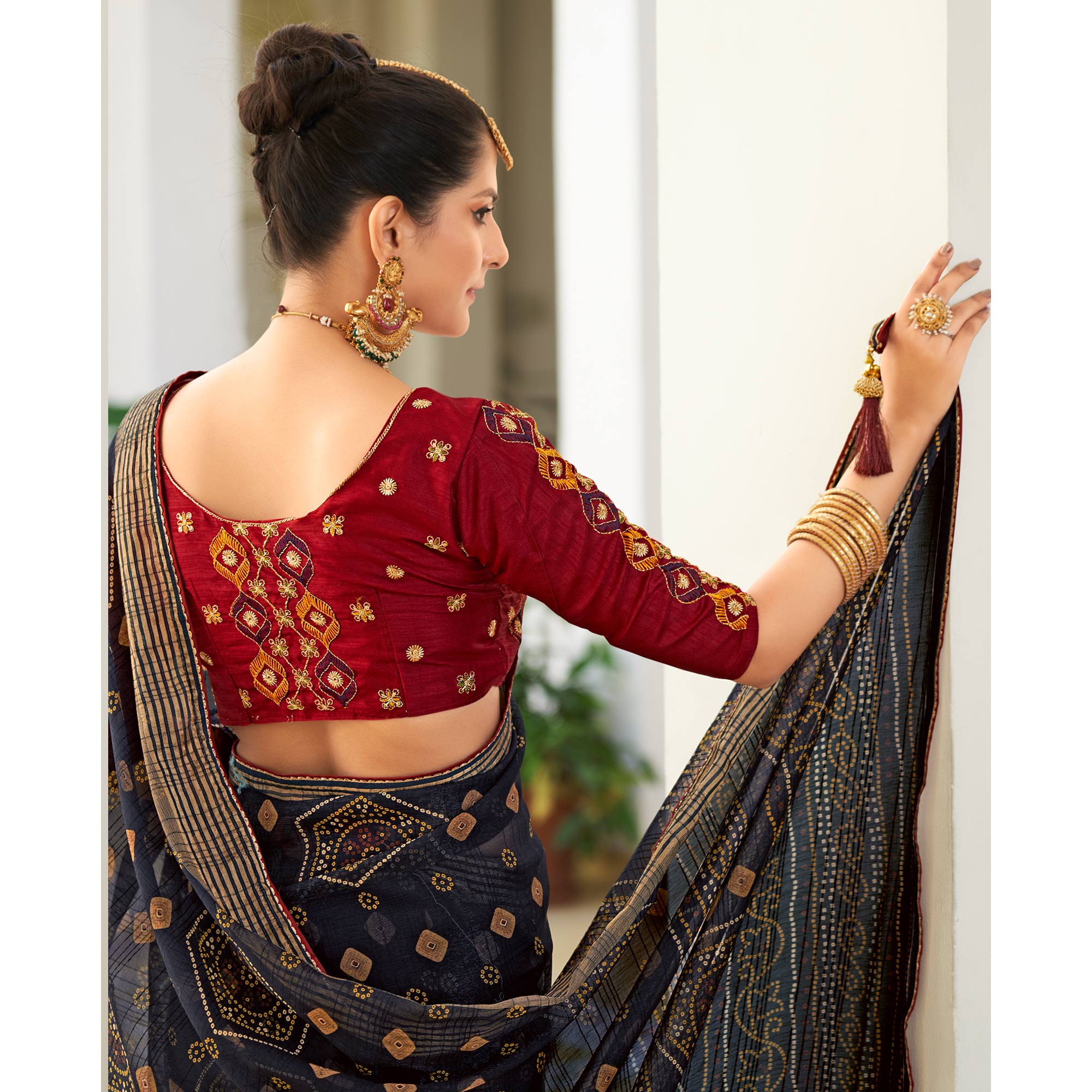 Blue Bandhani Printed Chiffon Saree With Tassels