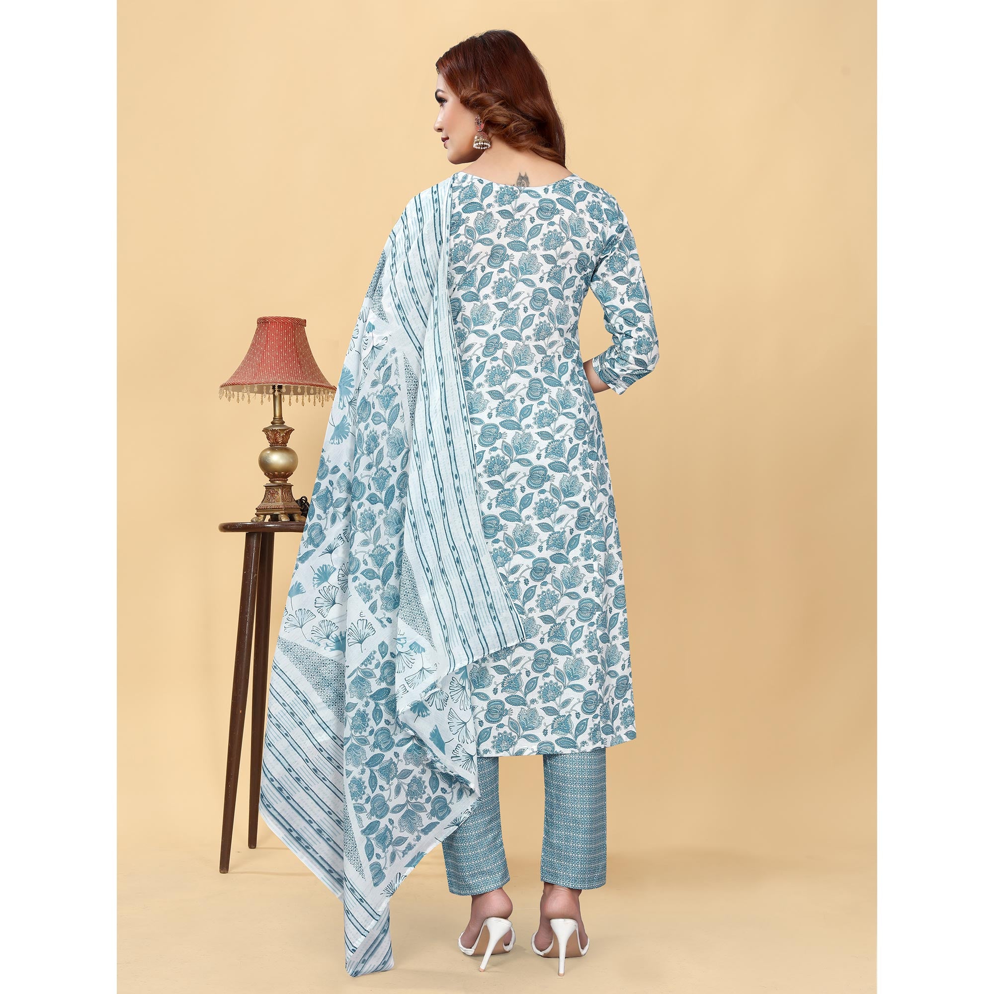 Greyish Blue Floral Printed Cotton Blend Salwar Suit