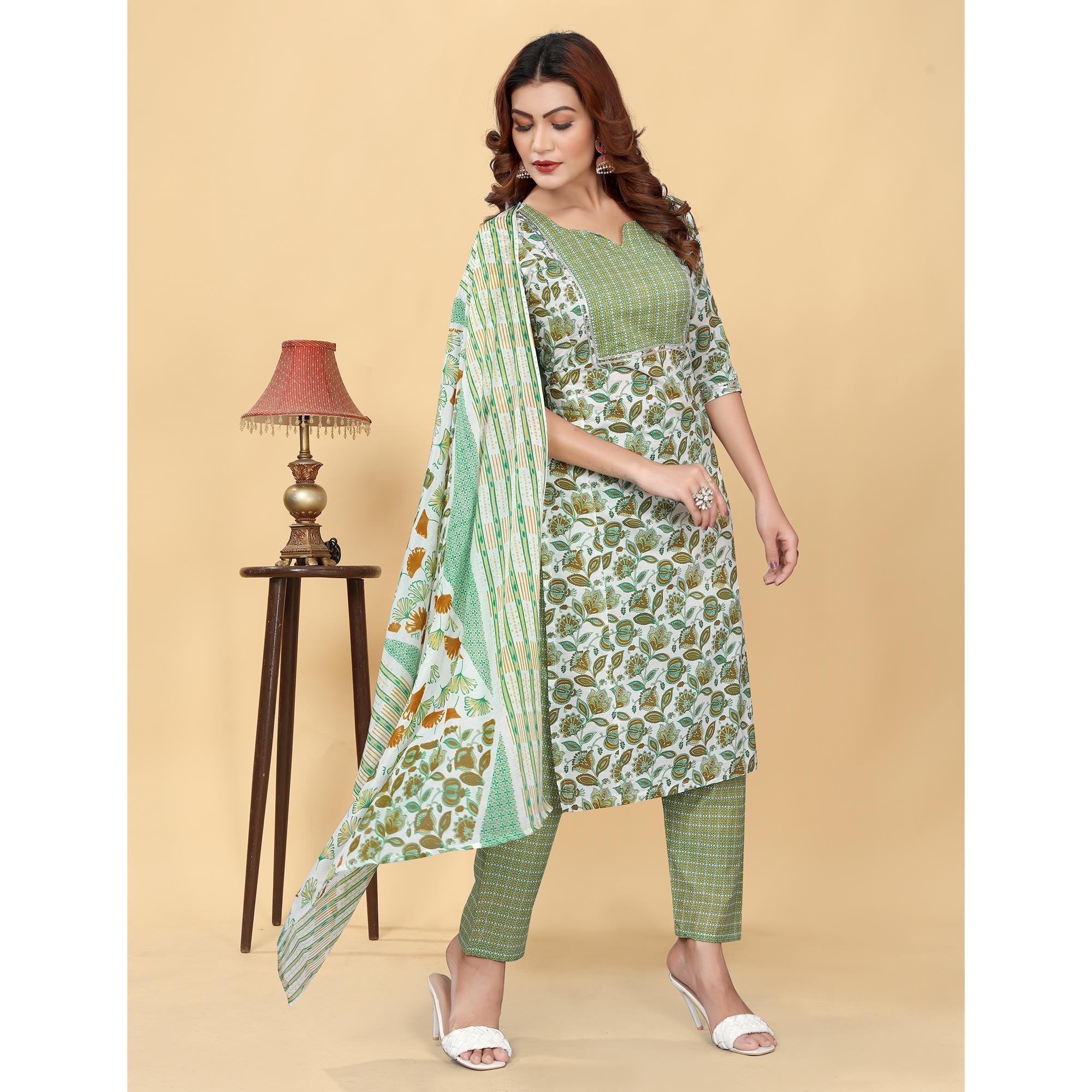 Light Green Floral Printed Cotton Blend Salwar Suit