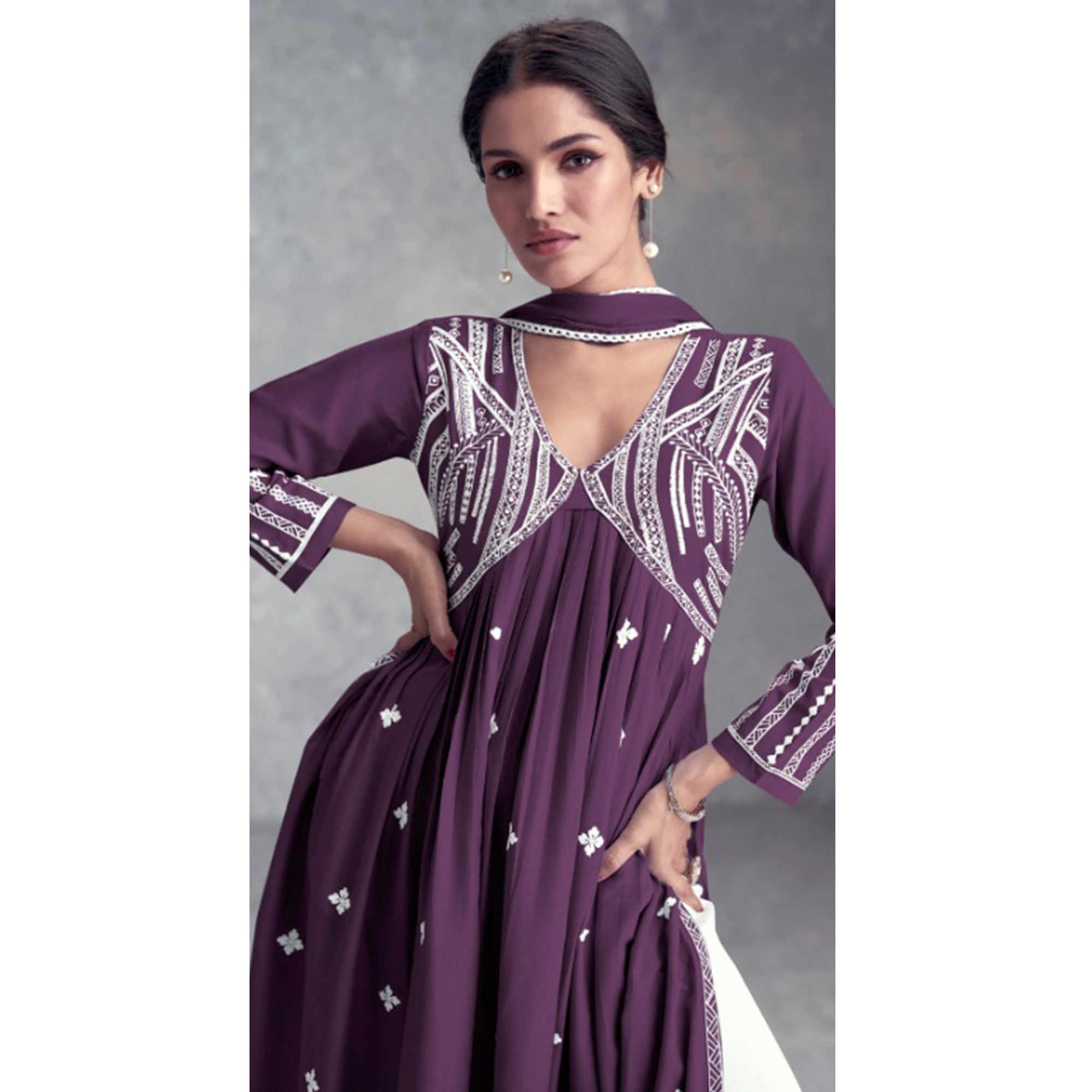 Wine Lucknowi Embroidered Rayon Naira Cut Suit