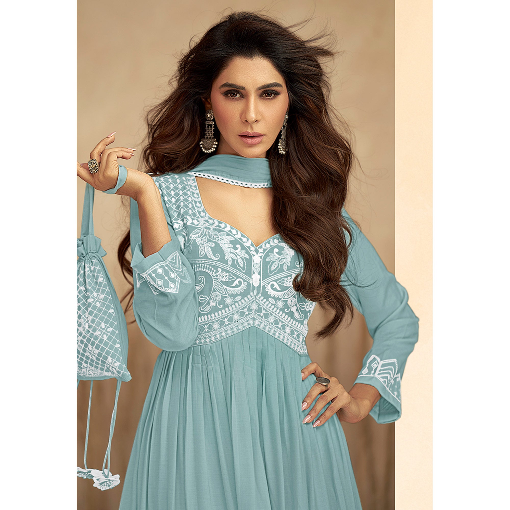 Blue Floral Embroidered Rayon Suit