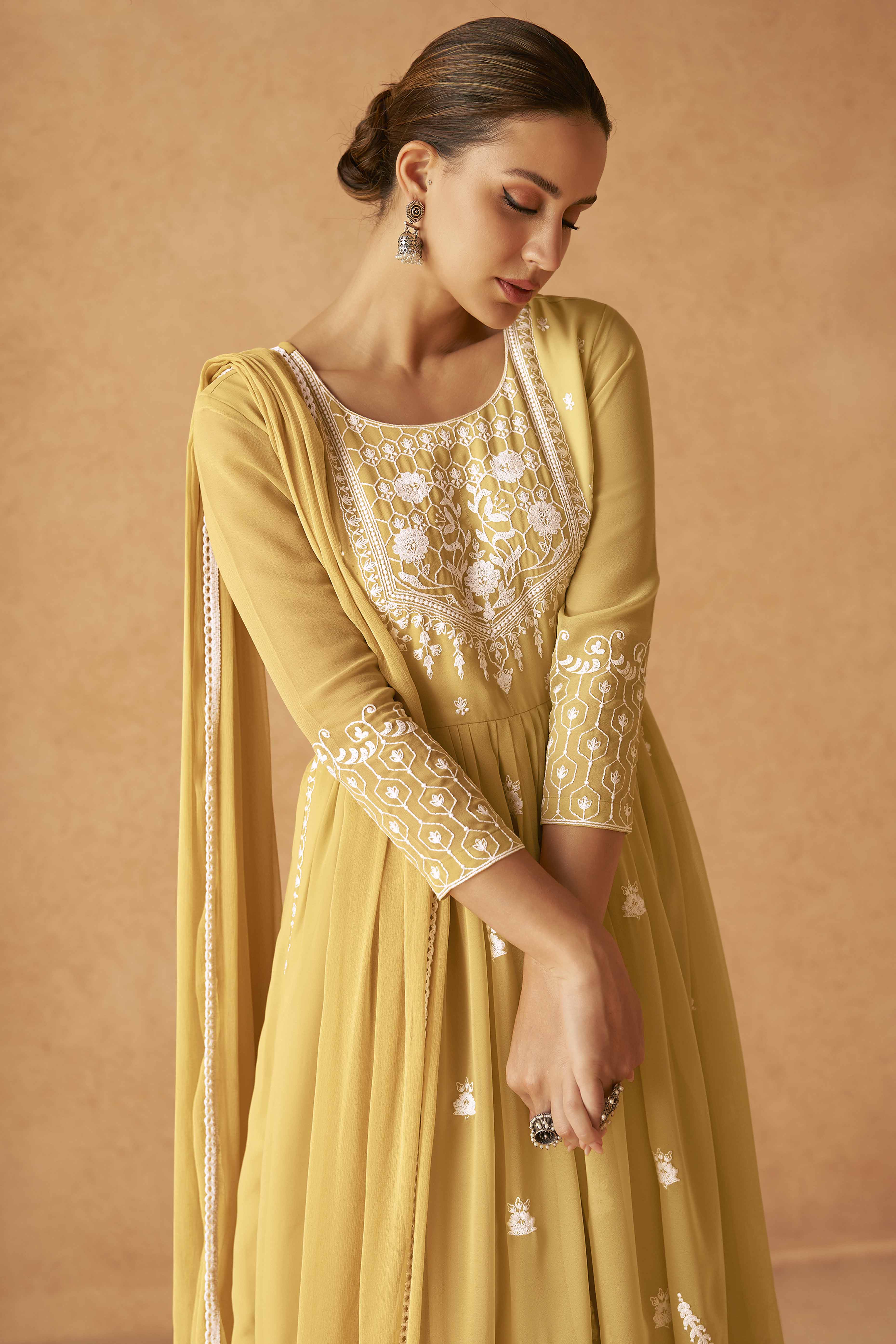 Mustard Rayon Palazzo Suit with Intricate Lucknowi Work