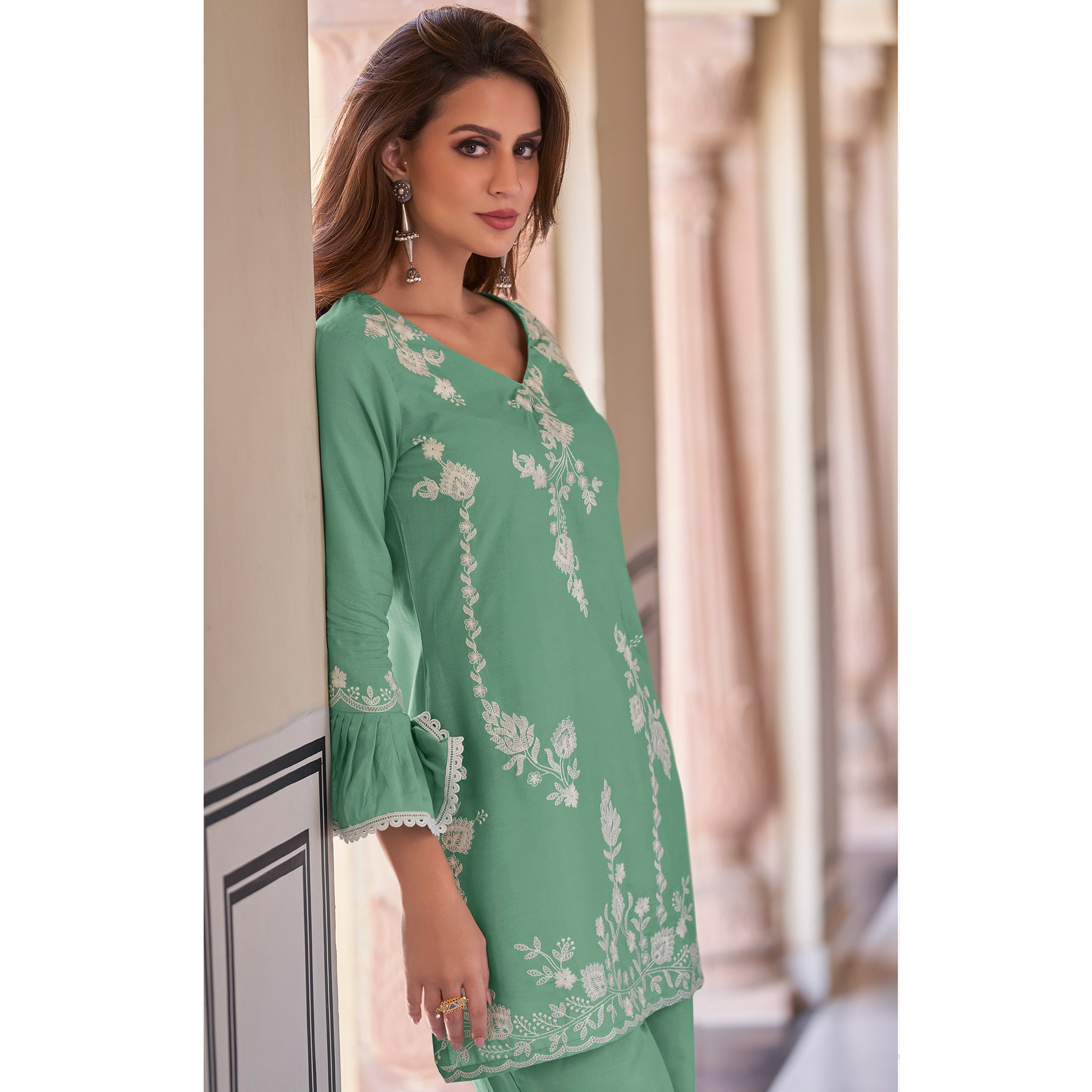 Green Floral Embroidered Rayon Co Ord Set