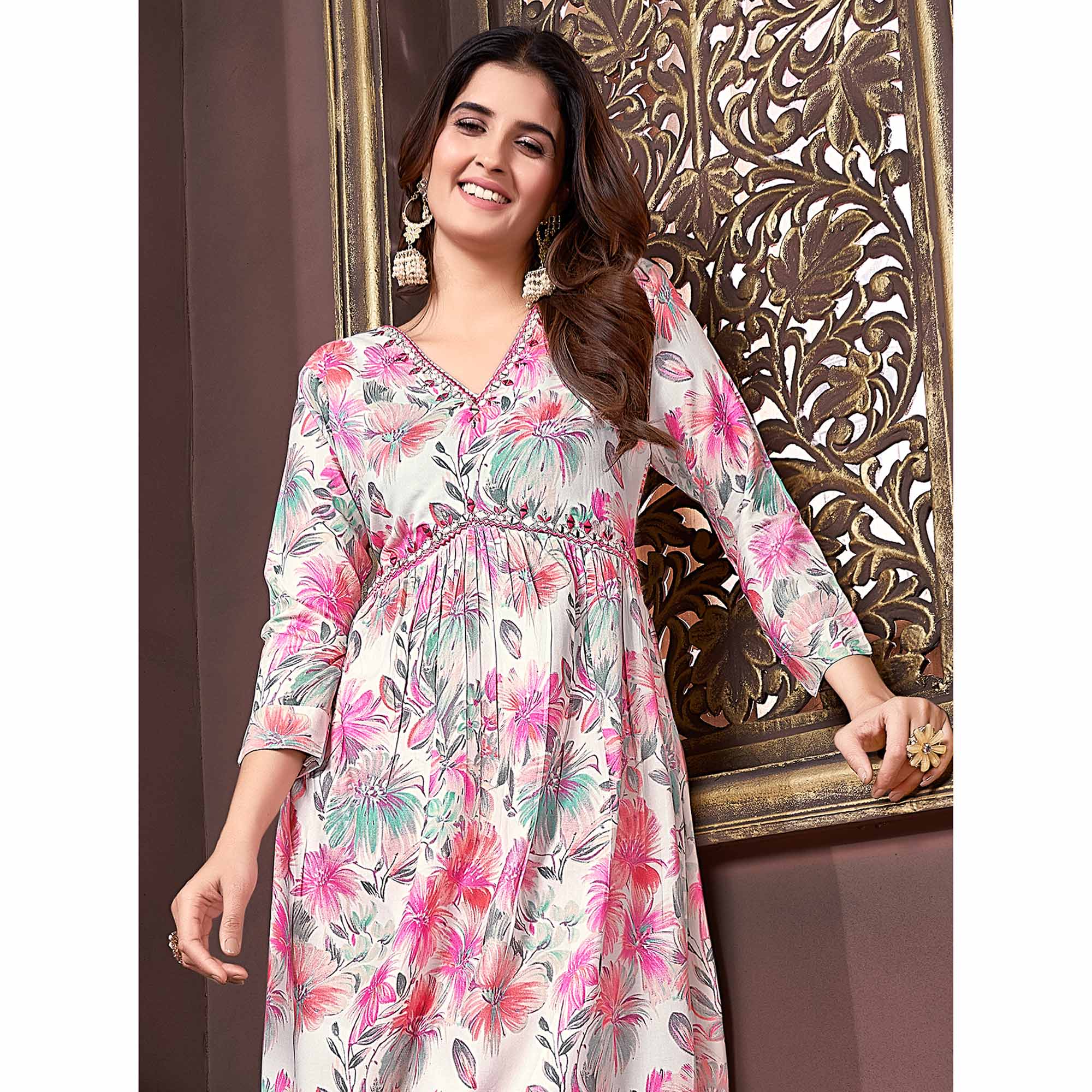 Off White & Pink Floral Printed Rayon Alia Cut Salwar Suit