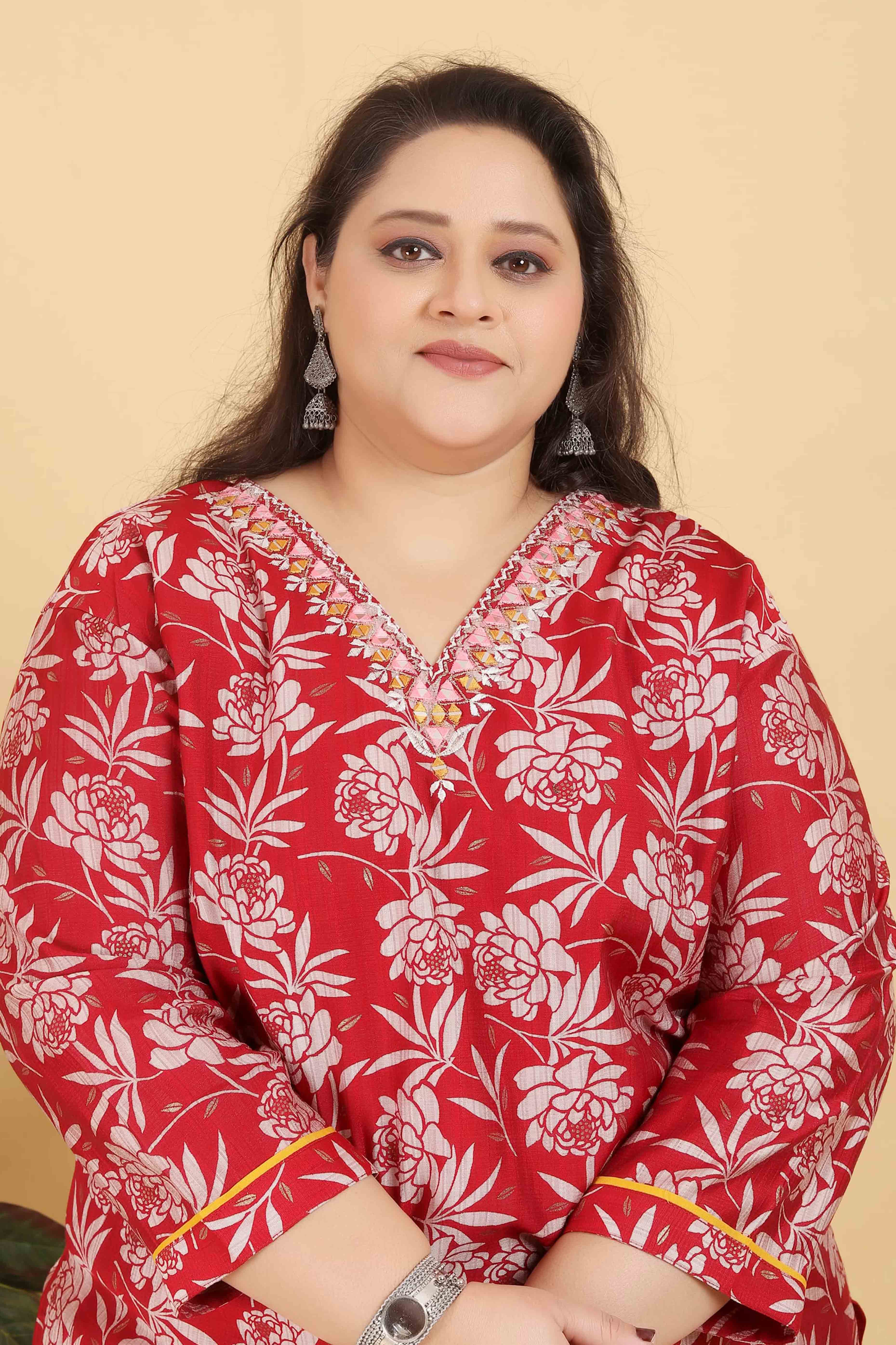Red Floral Printed Viscose Straight Salwar Suit