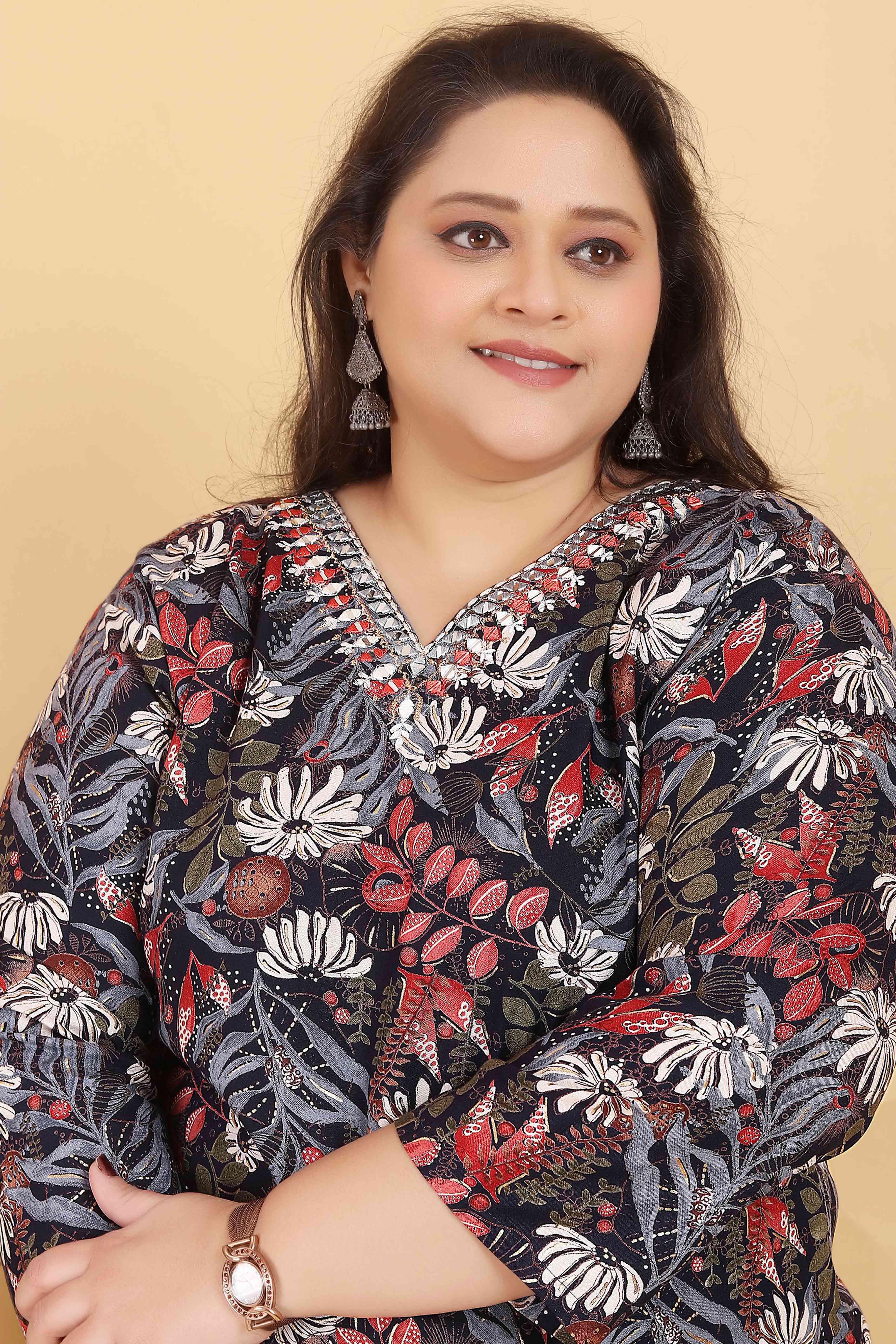 Black Rayon Straight Salwar Suit Set with Delicate Floral Prints & Side Pockets