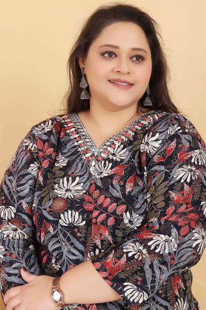 Black Rayon Straight Salwar Suit Set with Delicate Floral Prints & Side Pockets