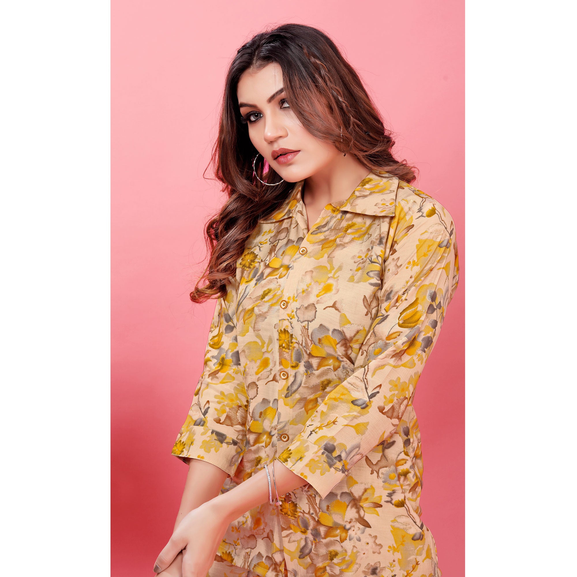 Yellow Floral Printed Rayon Co Ord Set