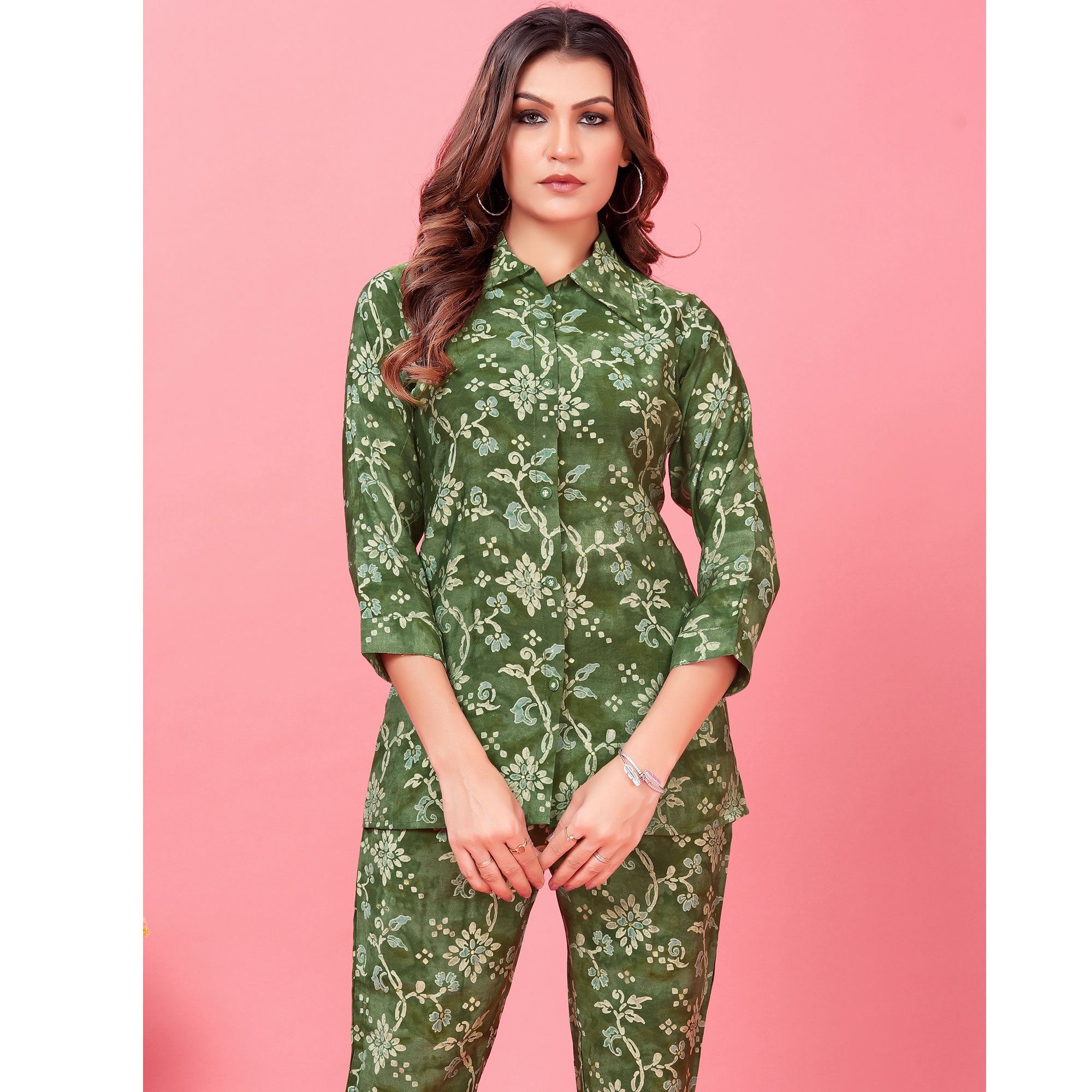 Bottle Green Floral Printed Chanderi Co Ord Set