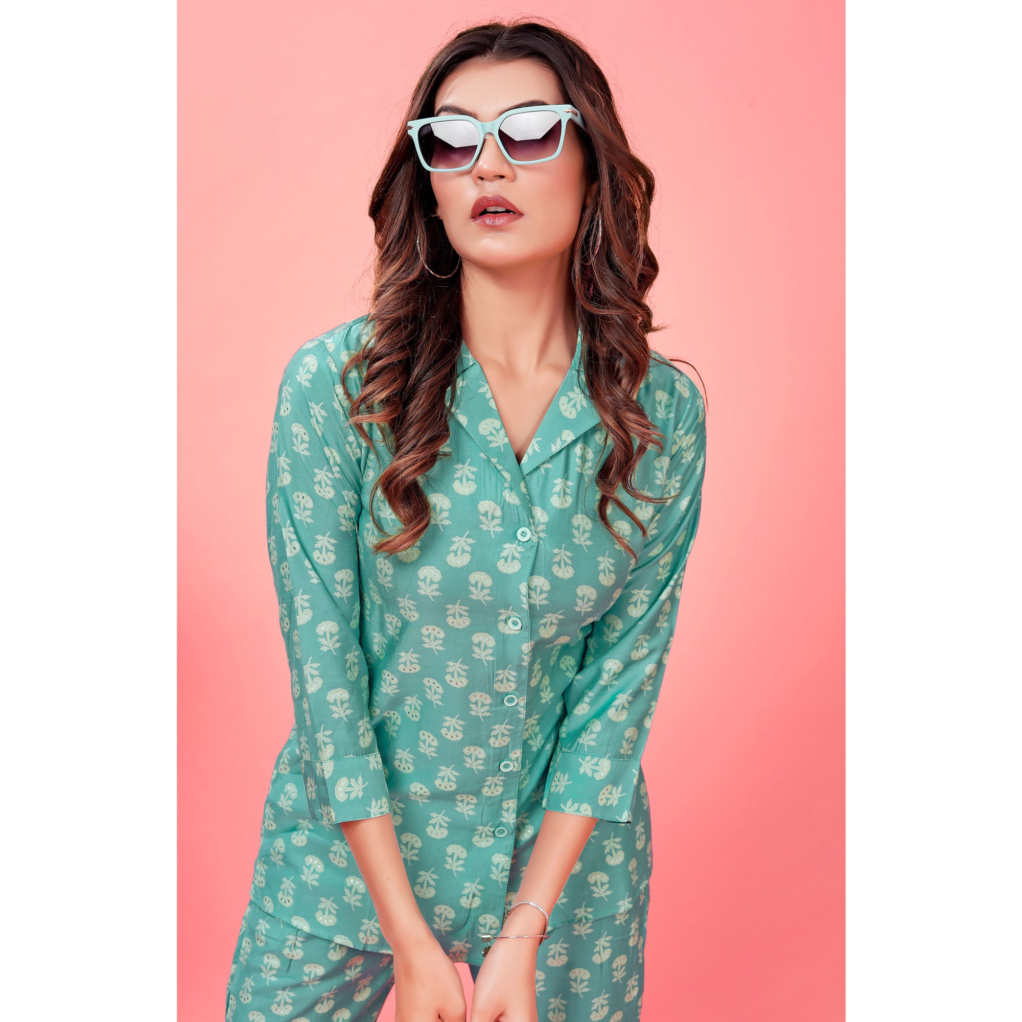 Turquoise Floral Printed Pure Silk Co Ord Set