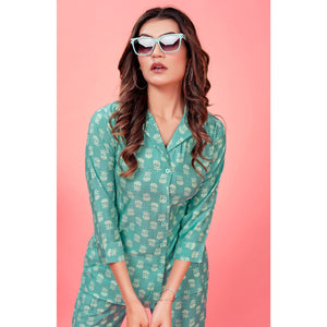 Turquoise Floral Printed Pure Silk Co Ord Set