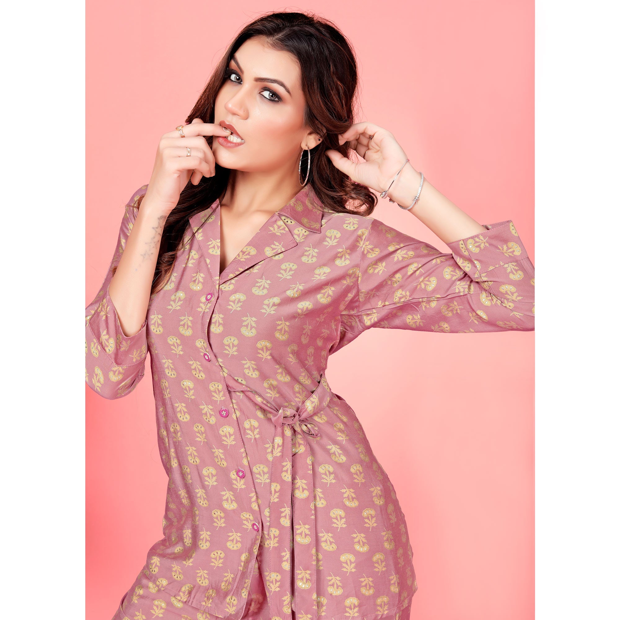 Pink Floral Printed Pure Silk Co Ord Set