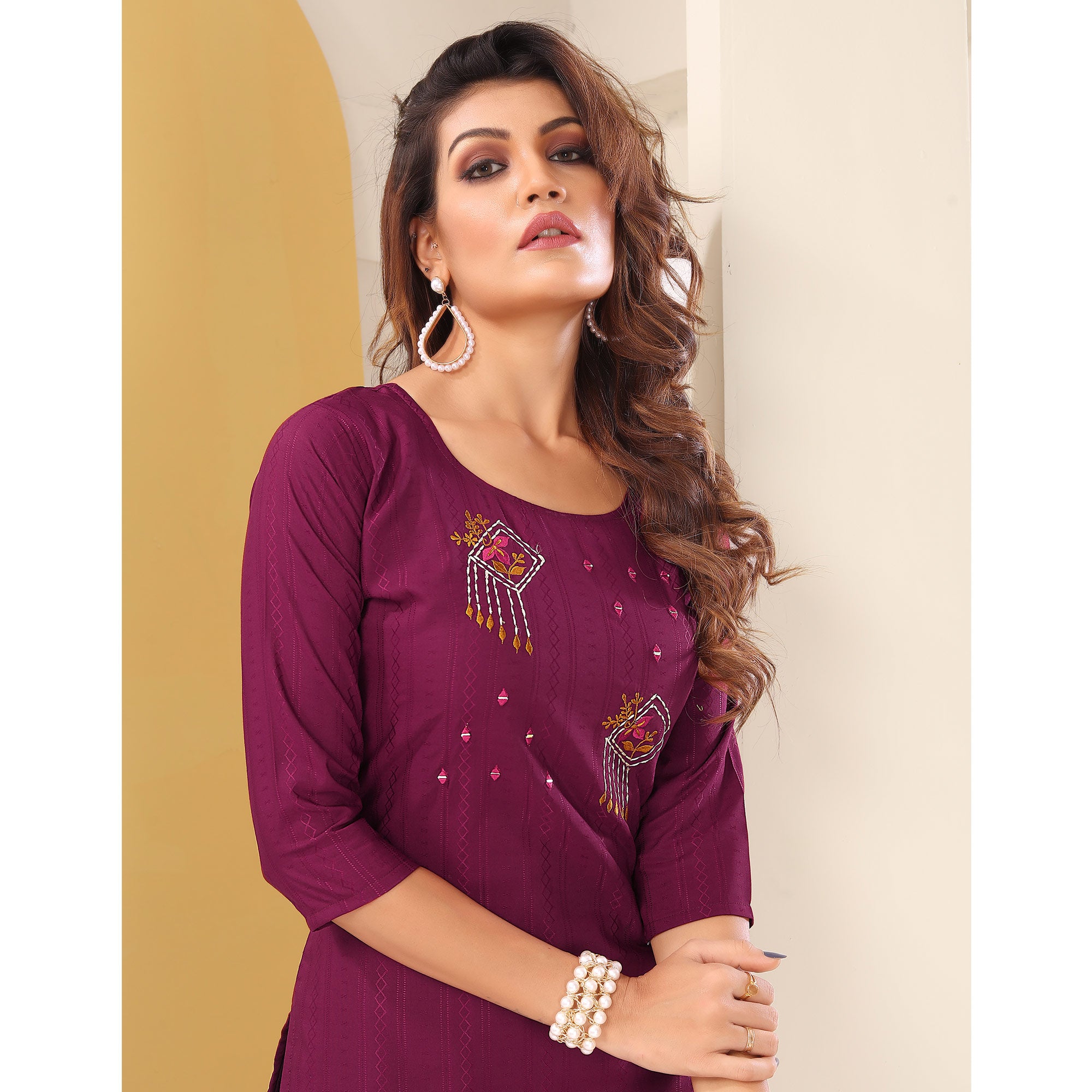 Purple Floral Embroidered Art Silk Kurti