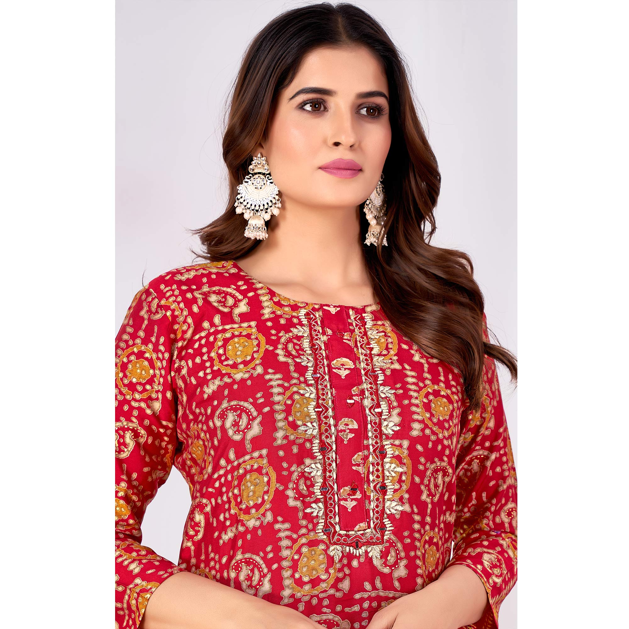 Red Foil Printed Viscose Straight Kurti Sets