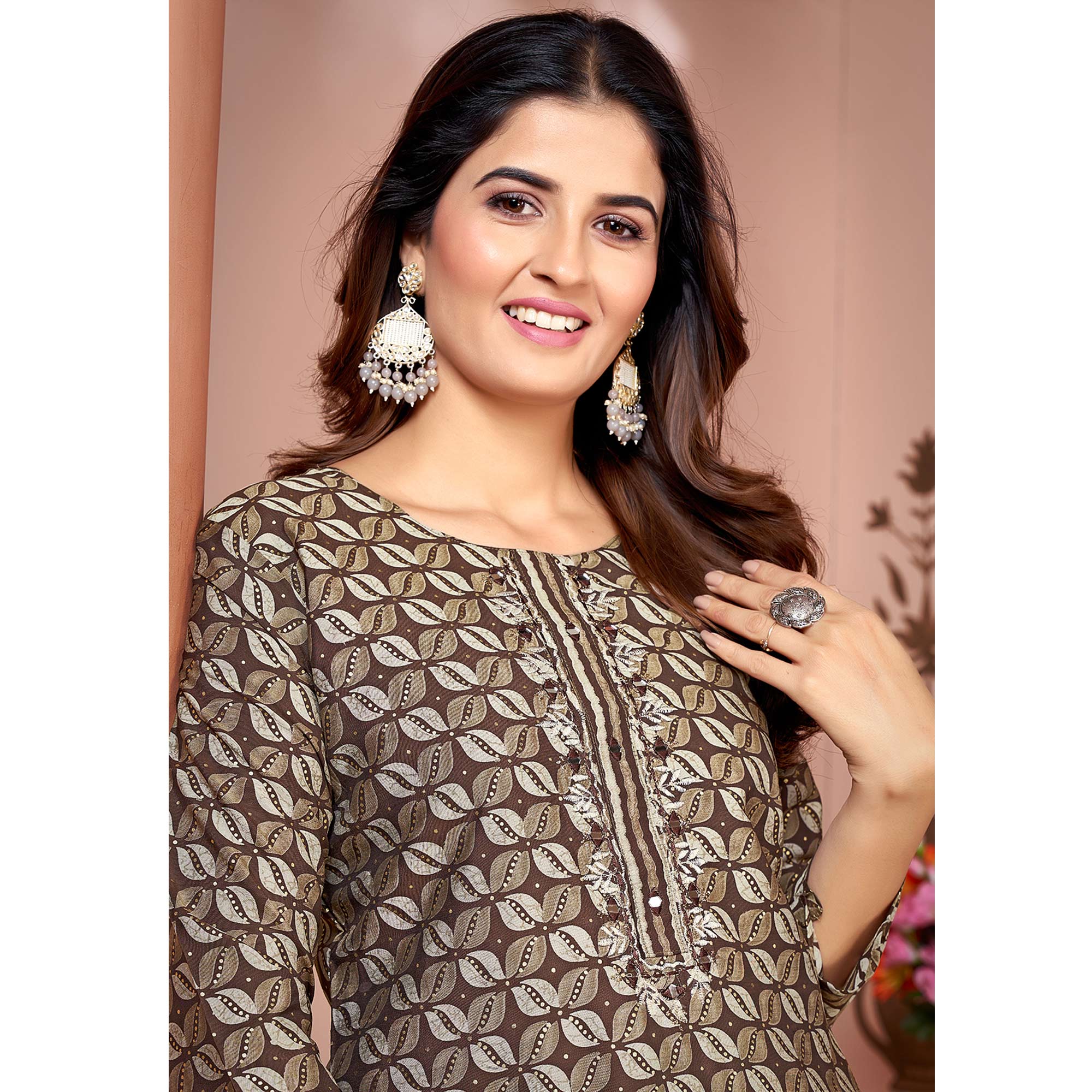 Brown Foil Printed Viscose Straight Kurti Sets