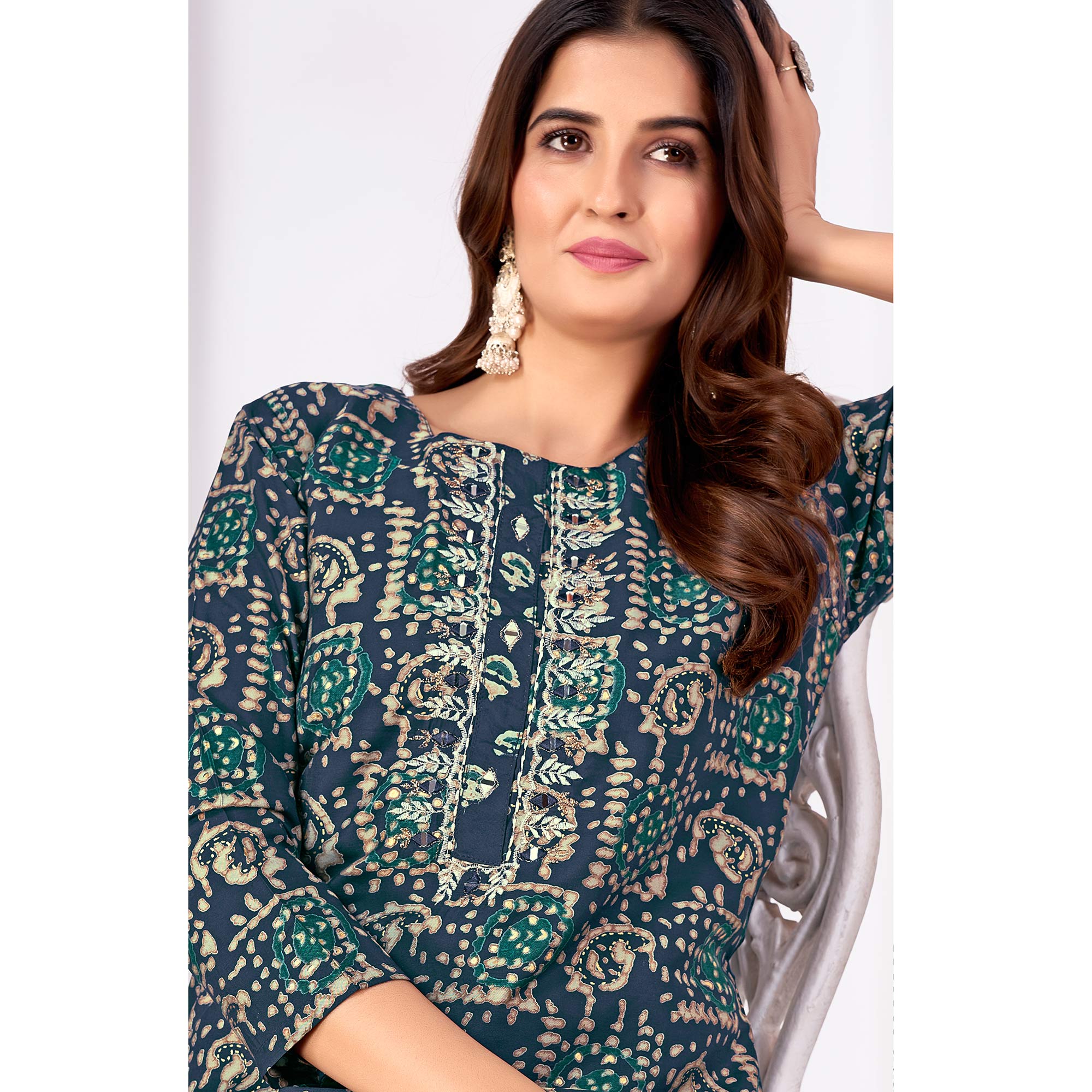 Navy Blue Foil Printed Viscose Straight Kurti Sets