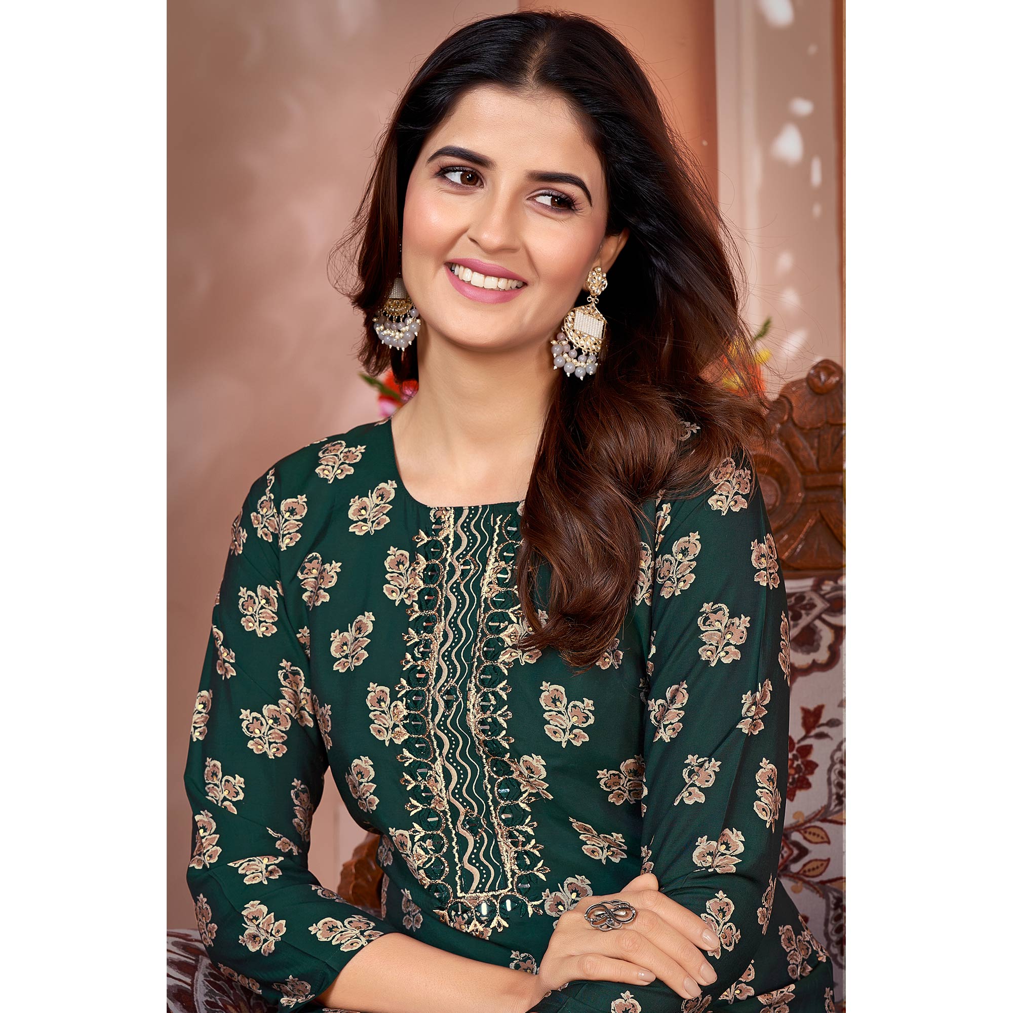 Green Foil Printed Viscose Straight Kurti Sets