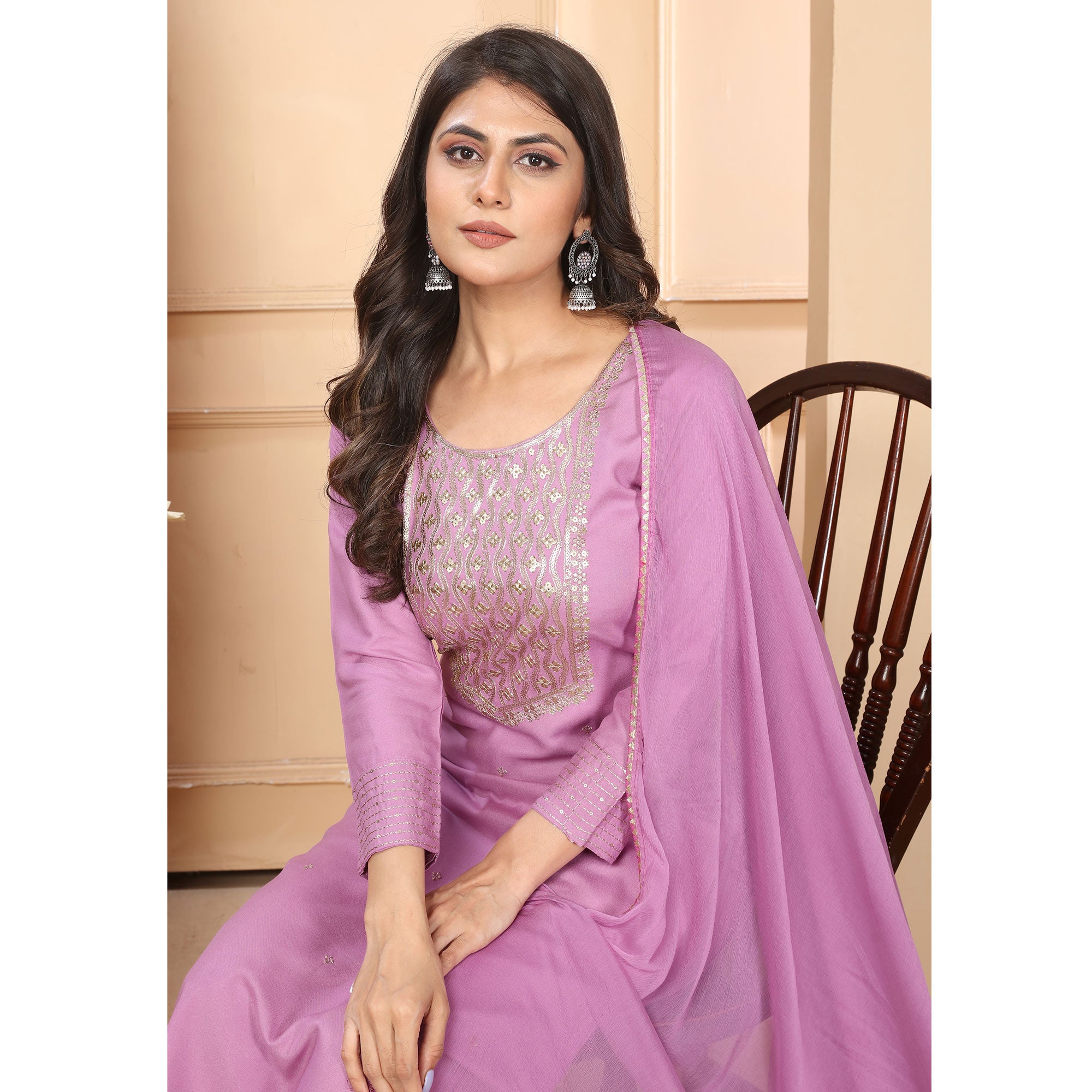Pink Sequins Embroidered Rayon Straight Salwar Suit