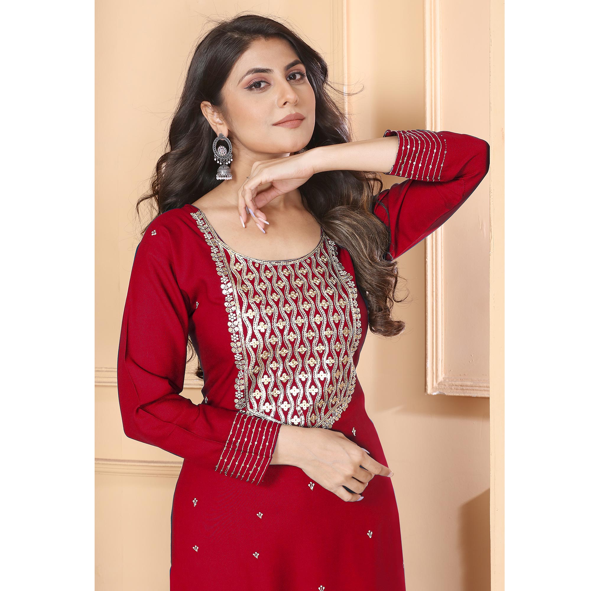 Maroon Sequins Embroidered Rayon Straight Salwar Suit