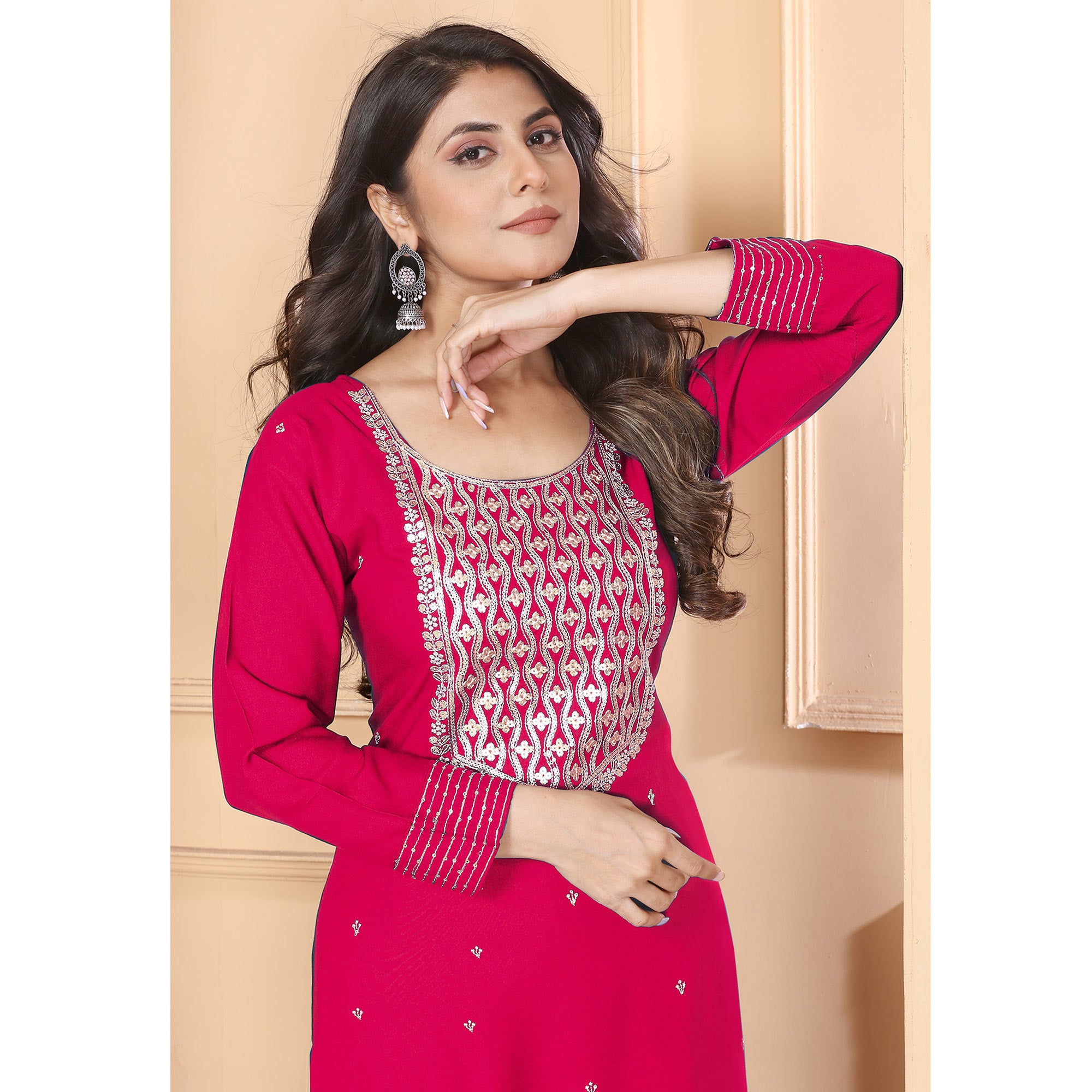 Pink Sequins Embroidered Rayon Straight Salwar Suit