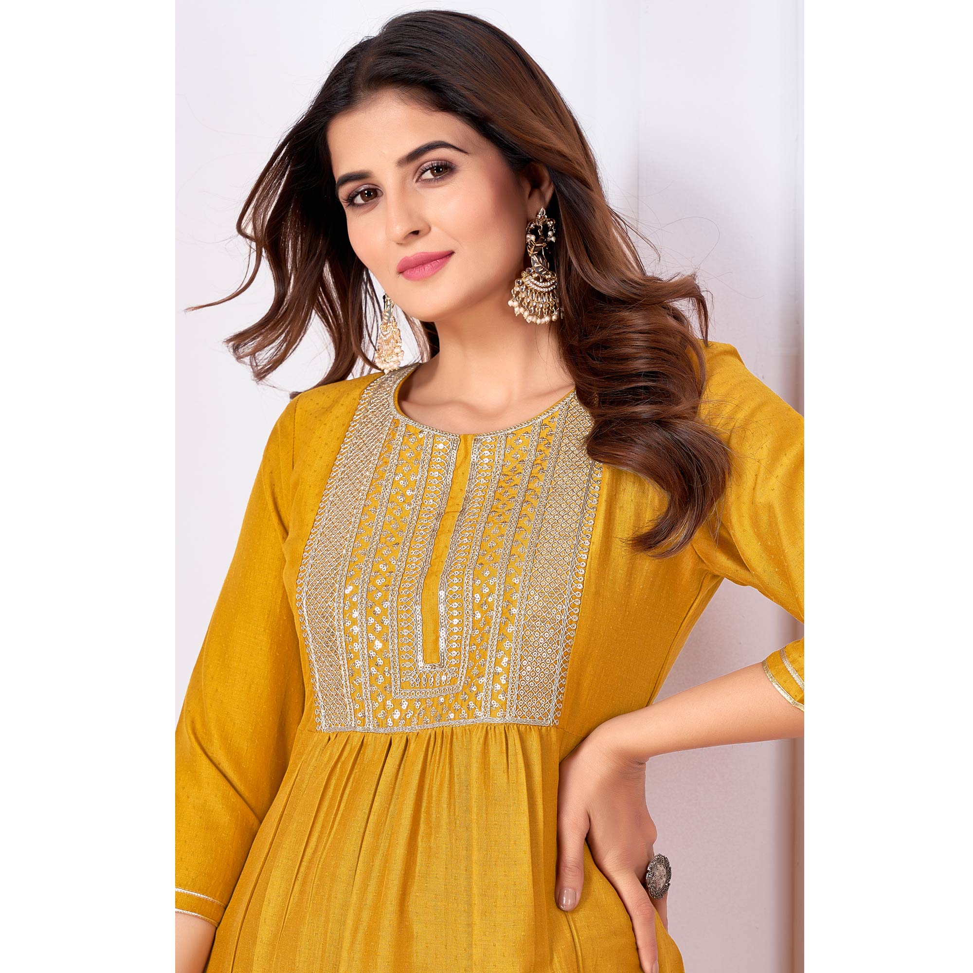 Mustard Embroidered Art Silk Salwar Suit