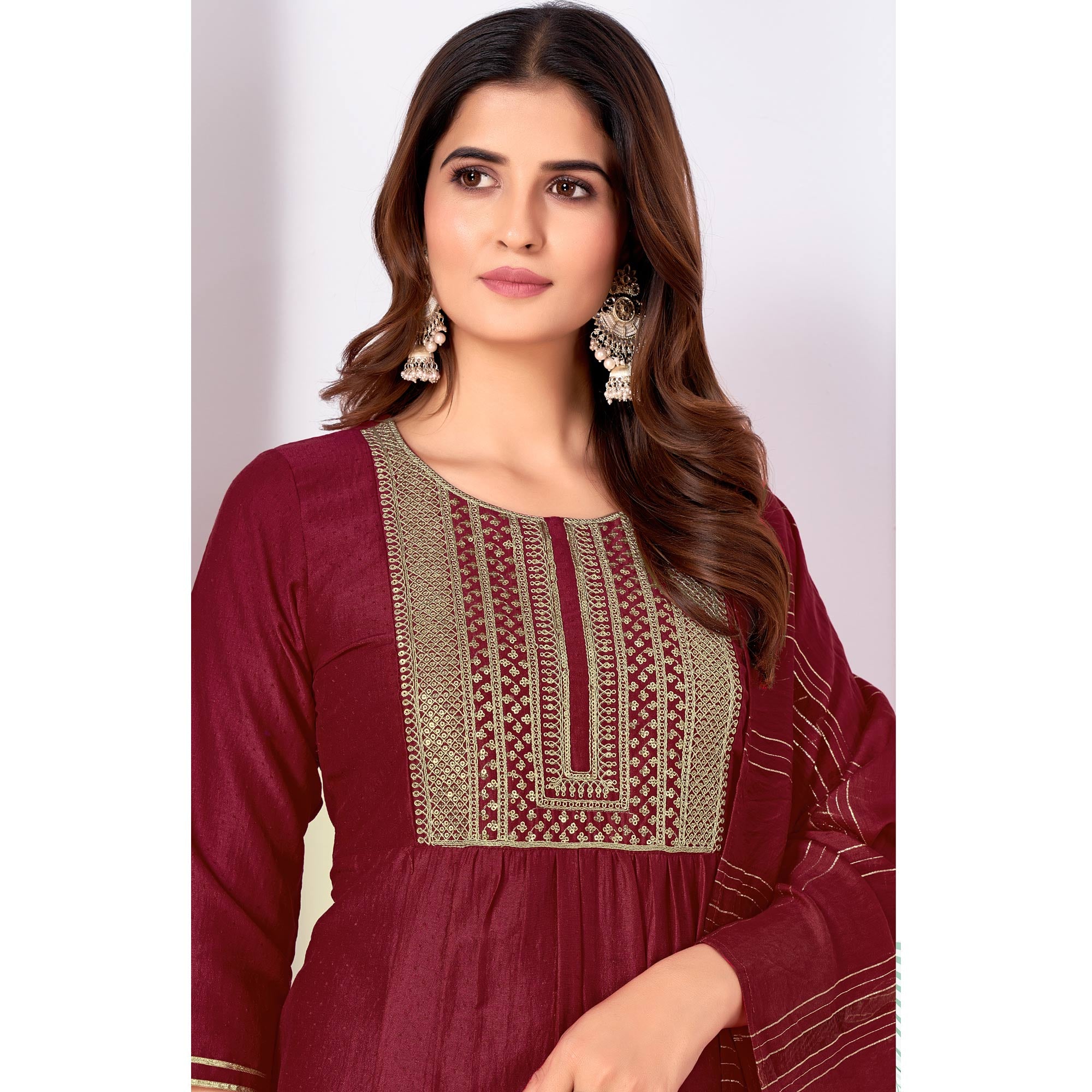Maroon Embroidered Art Silk Salwar Suit