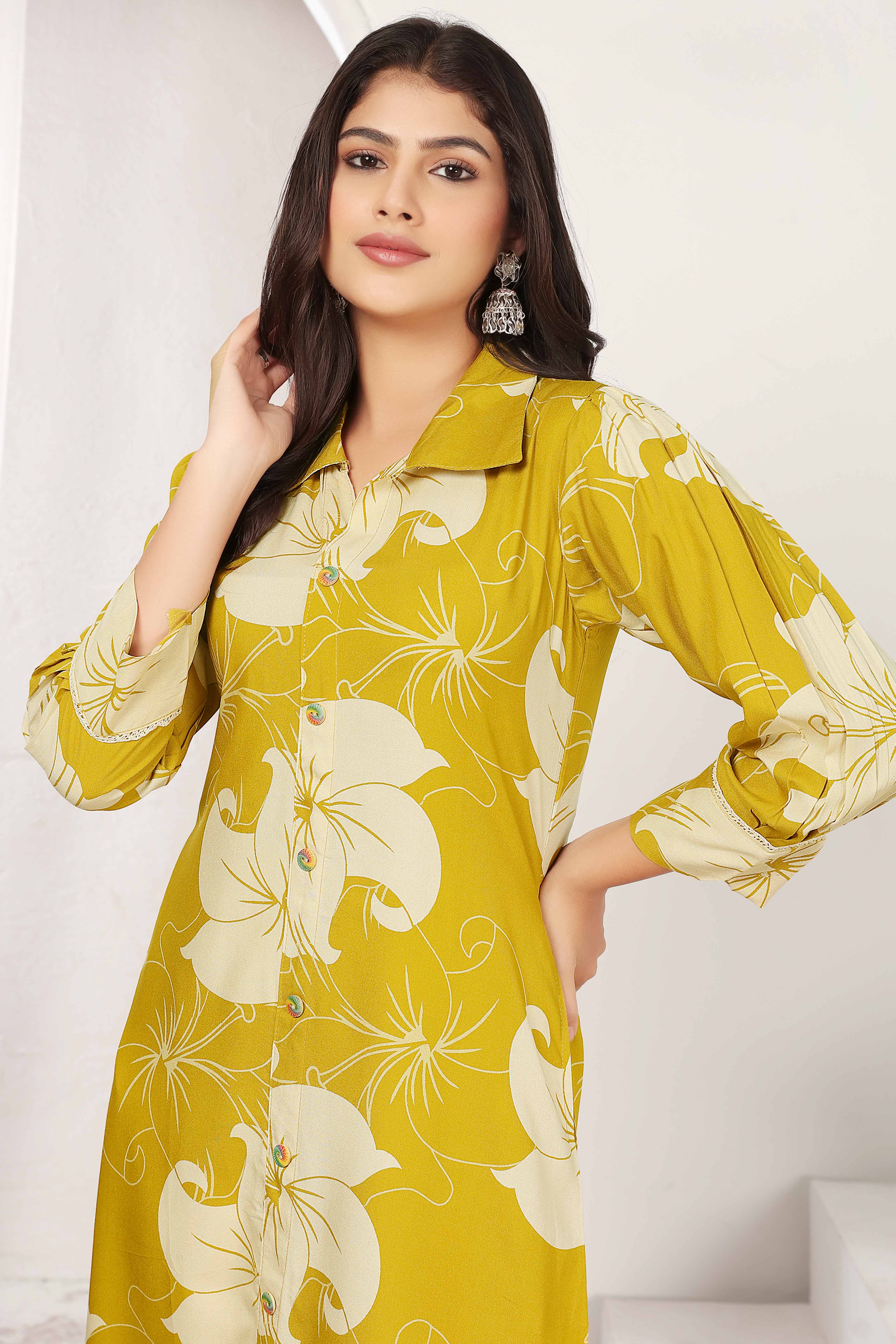 Mustard Floral Print Rayon Two-Piece A-Line Set with Functional Pockets