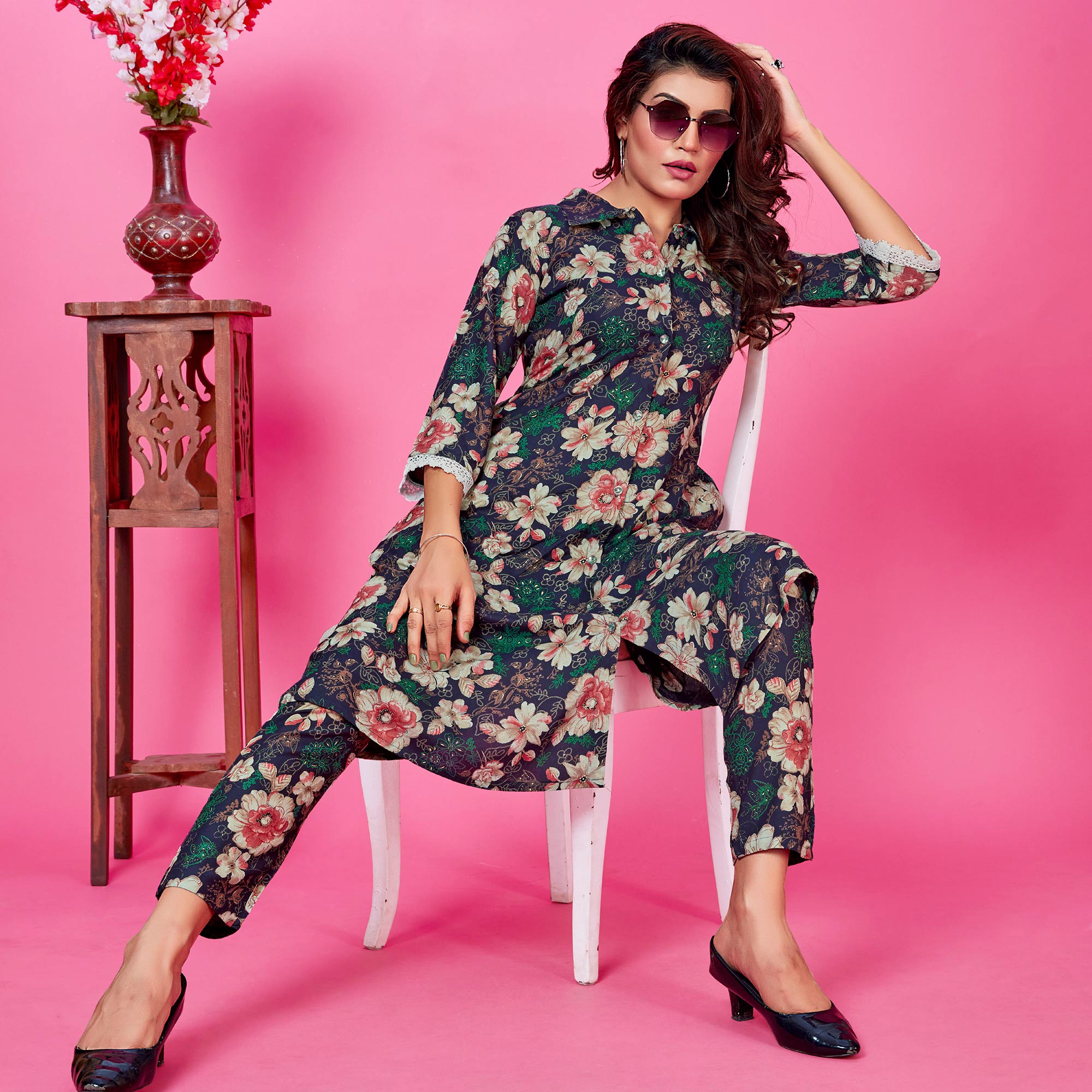 Blue Floral Foil Printed Rayon Co-Ord Set