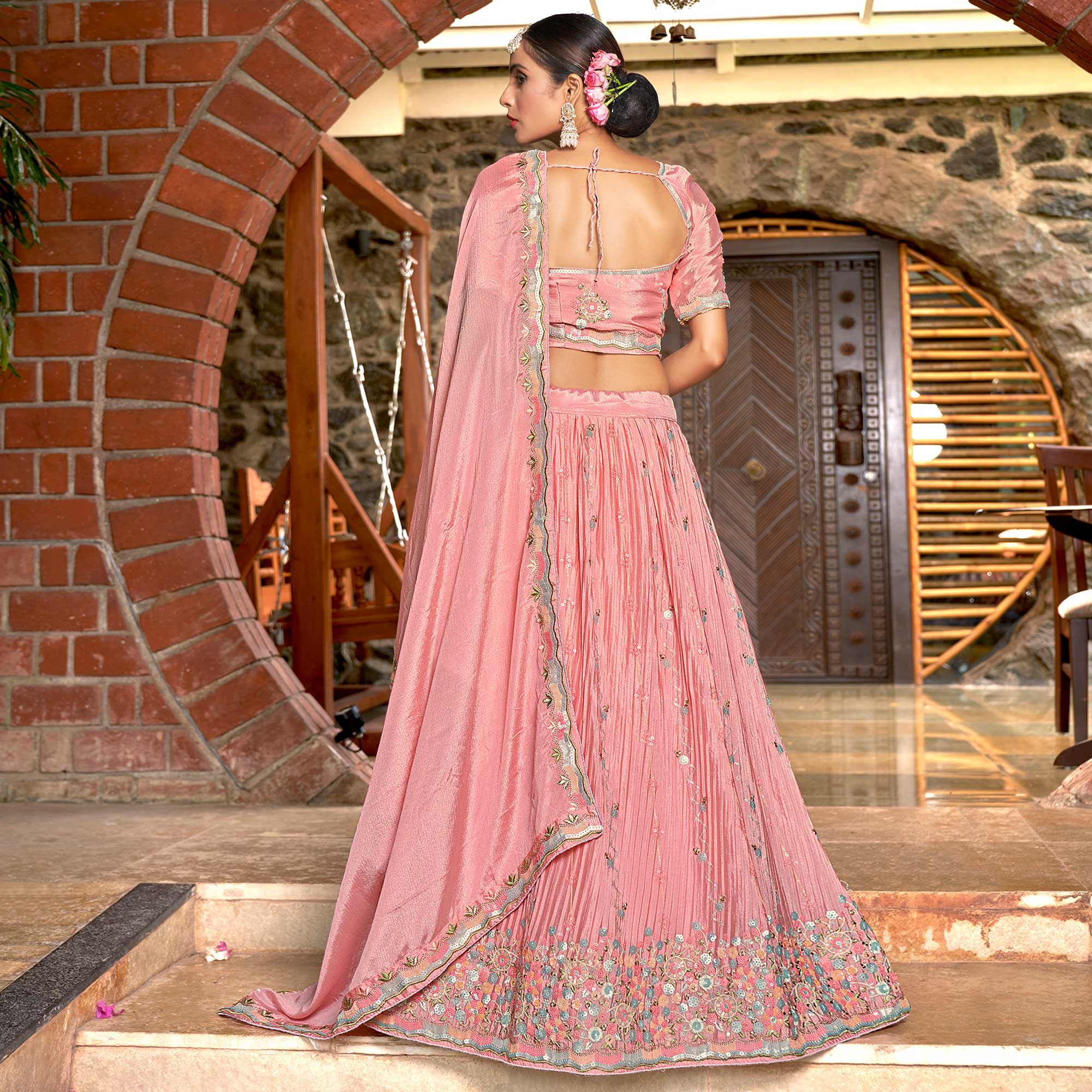 Pink Sequins Floral Embroidered Chiffon Lehenga Choli