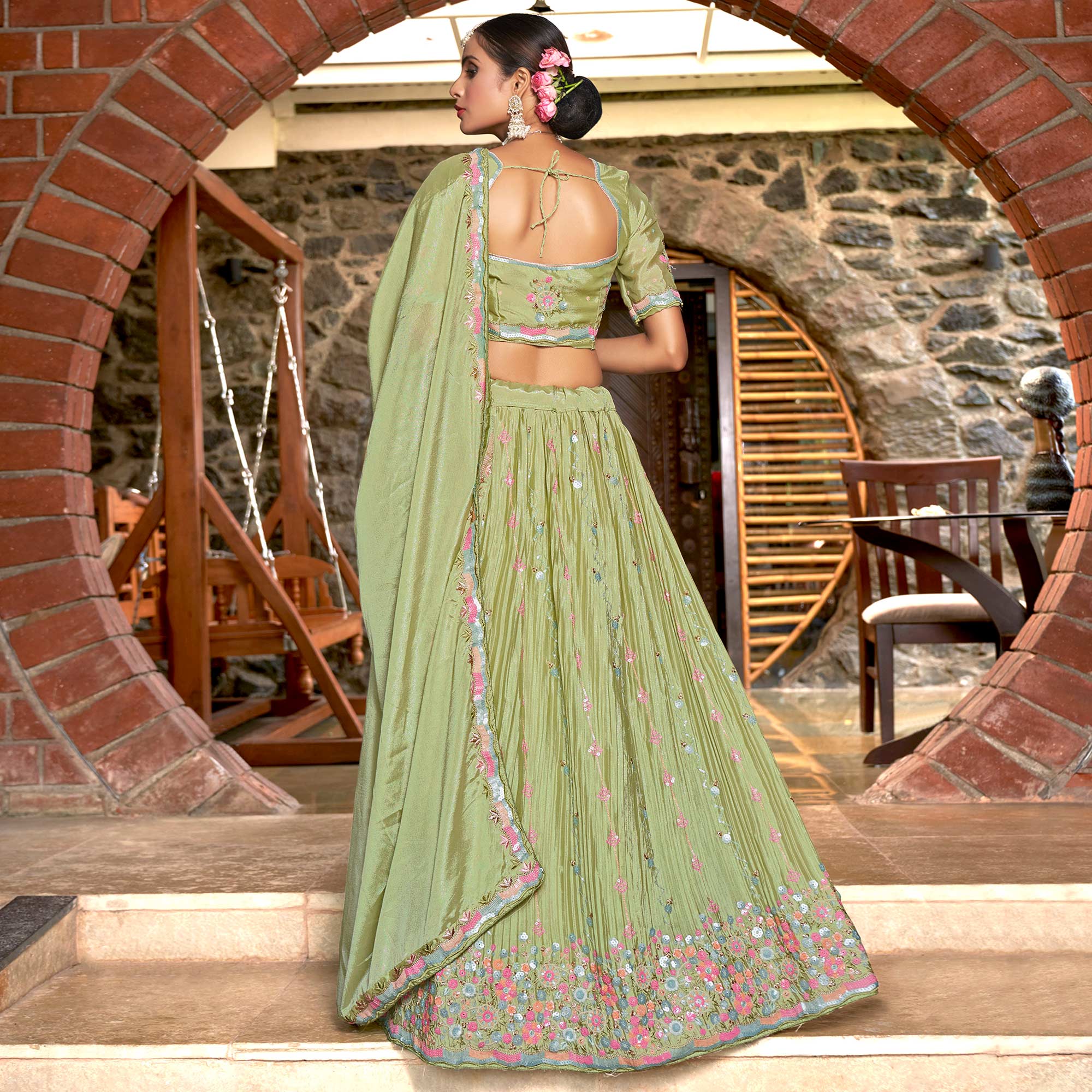 Pista Green Sequins Floral Embroidered Chiffon Lehenga Choli
