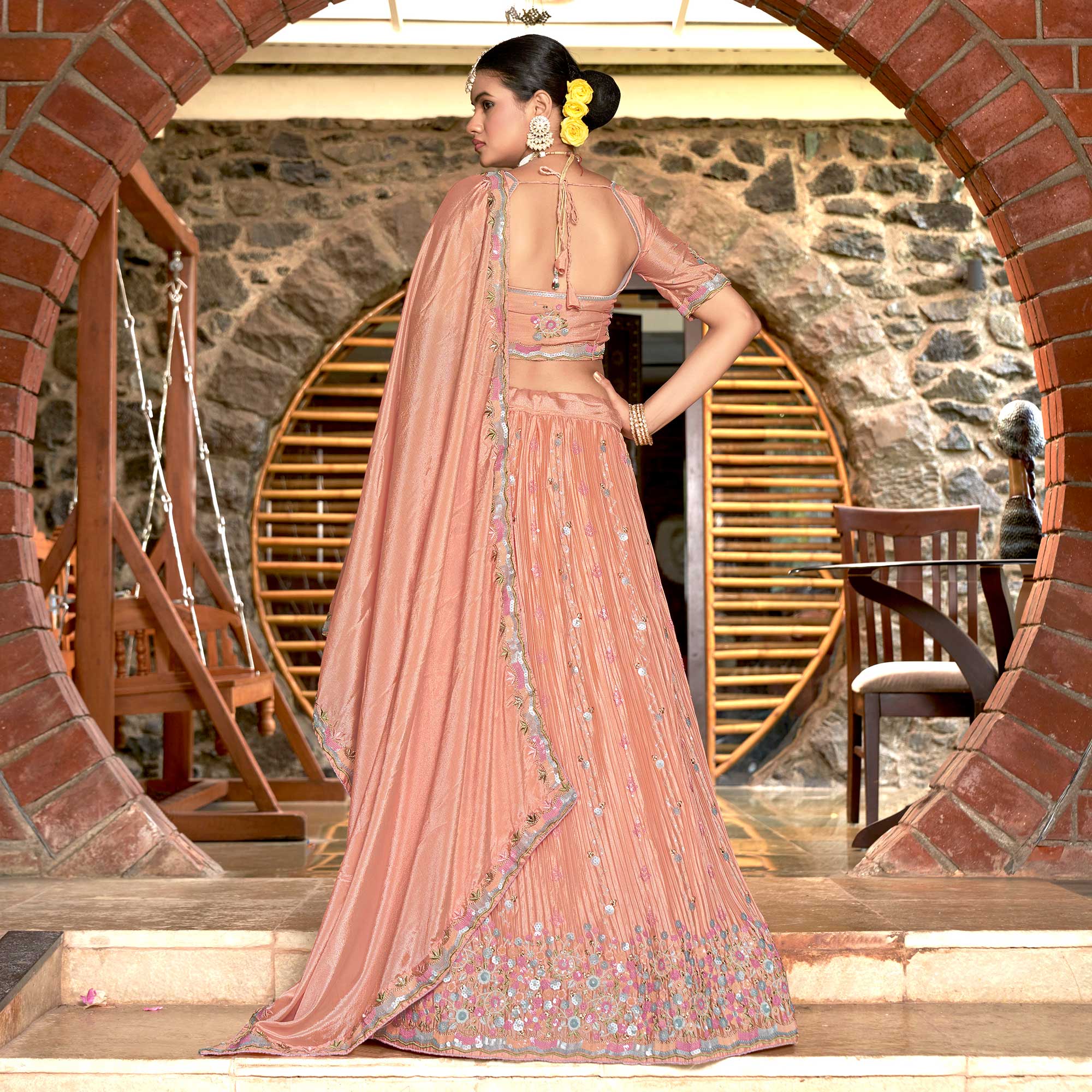 Peach Sequins Floral Embroidered Chiffon Lehenga Choli