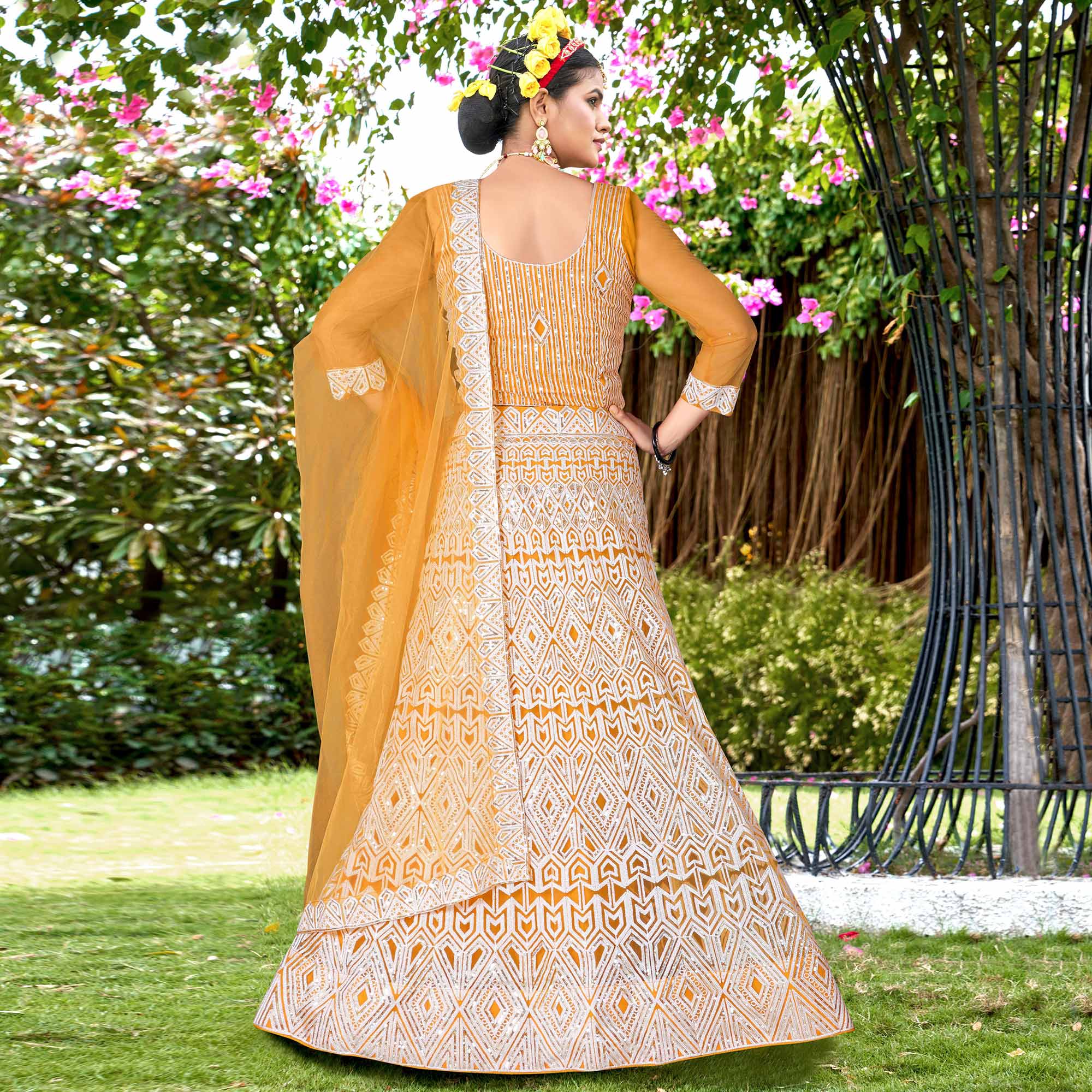 Yellow Sequins Embroidered Net Semi Stitched Lehenga Choli