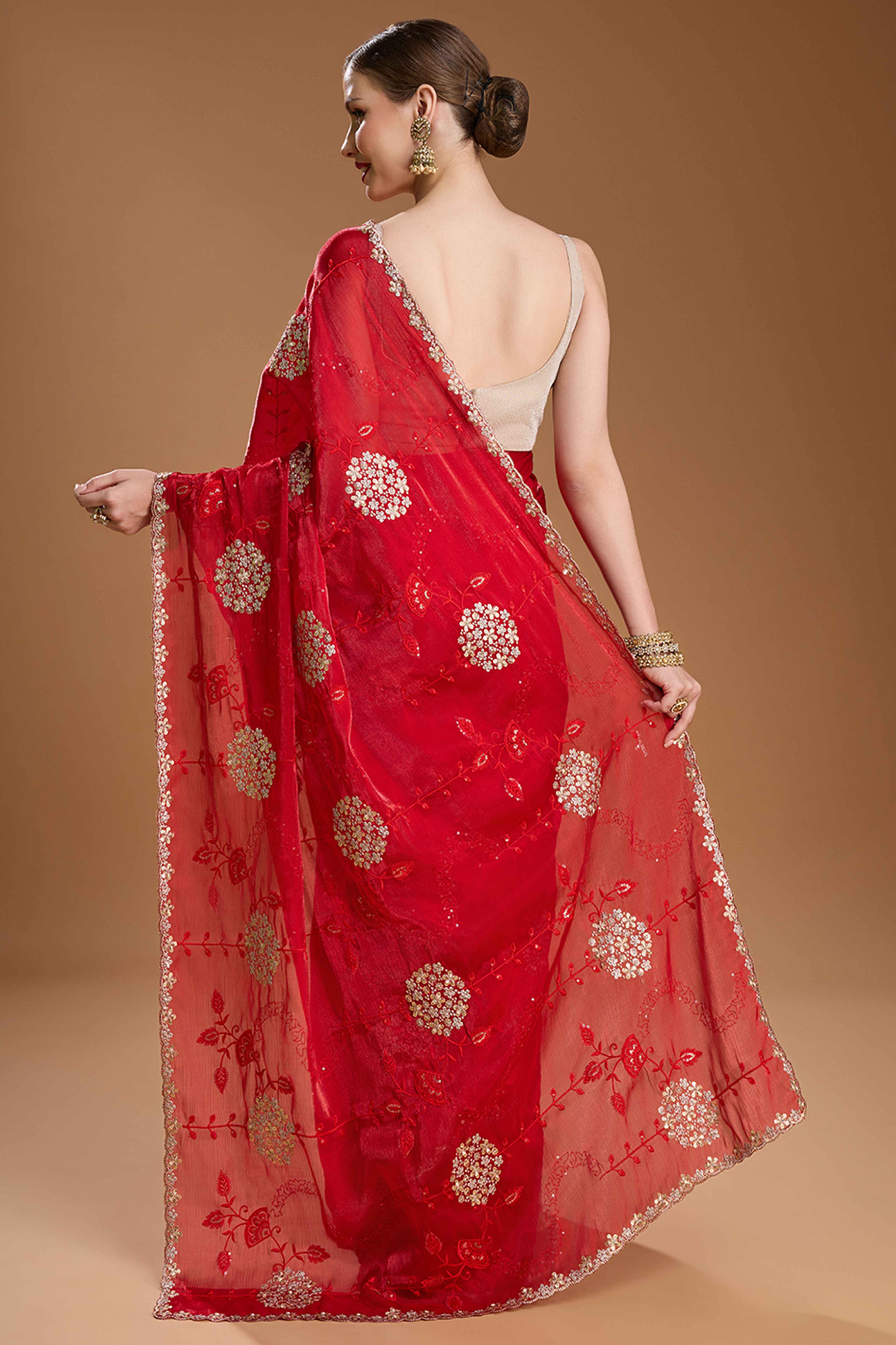 Red Floral Design Organza Saree with Glittering Sequins Embroidery