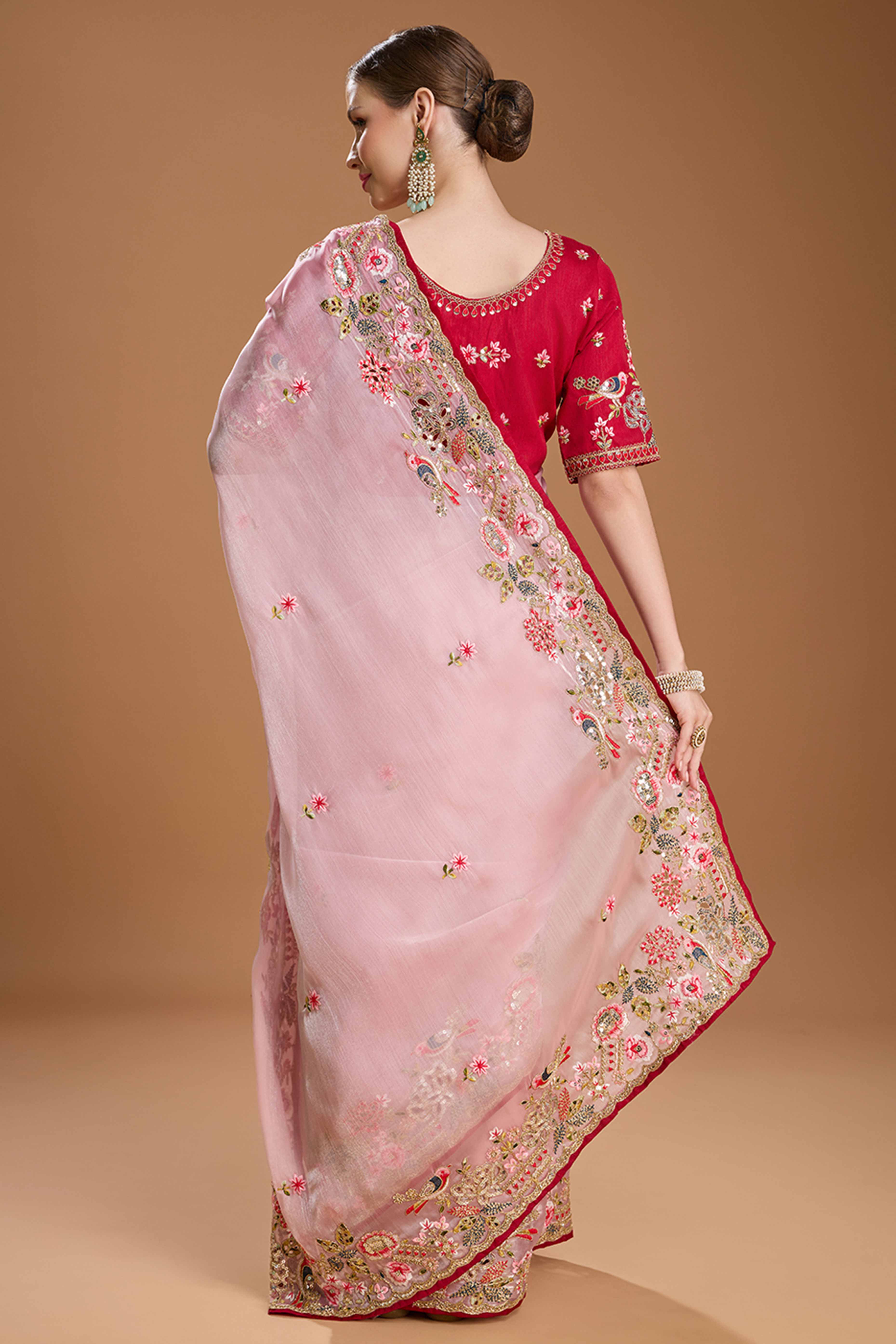 Light Peach Floral Design Organza Saree with Glittering Sequins Embroidery